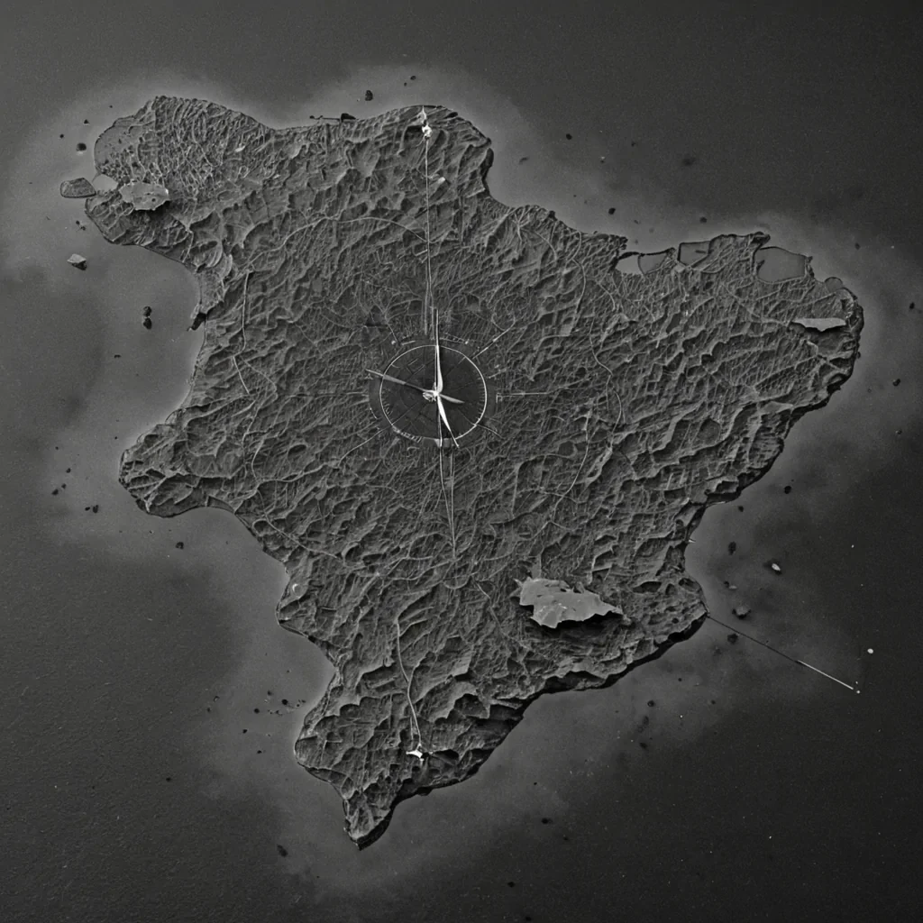 A single, selferoding archipelago of reversed cartography, shaped like a 7,001dimensional constellation of unformed geography and inverted navigation, drifts through a vast, inverted ocean of solidified stillness  each island carved from the exact moment between a compass spinning and its refusal to point, a map being folded and dissolving into nonspatial silence, a lighthouse beam cutting through fog and collapsing into pure, unmeasured darkness. The archipelago does not chart territory  it uncharts it, each crumbling atoll shedding a layer of directional potential that never coalesced into coherent passage, reforming into ephemeral, obsidianthreaded afterimages shaped like the negative space between two hands that never