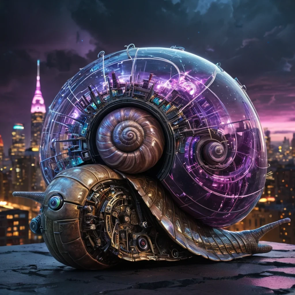 A colossal, ancient, mechanical snail, its metallic shell adorned with intricate, pulsating neon circuits, inches through a stormy, amethyst nebula. Within its transparent, bioluminescent body, a labyrinthine, neonlit cityscape sprawls, its towering, glass spires casting ephemeral shadows on the citys sentient, robotic inhabitants. Rendered in ultra HD, with dynamic lighting, atmospheric effects, and vibrant colors, evoking a sense of surreal, otherworldly wonder at this celestial, mechanical marvel.
