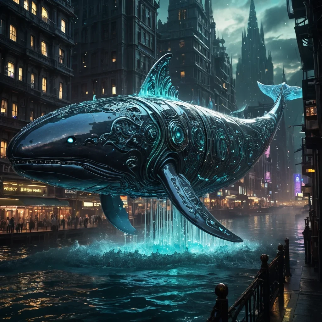 A colossal, ancient, mechanical whale, its metallic body adorned with intricate, pulsating runes, breaches through a stormy, obsidian sea. Its massive, crystalline tail, reflecting the seas ethereal glow, leaves a trail of iridescent, otherworldly waves. Suspended within its transparent, bioluminescent belly, a labyrinthine, neonlit cityscape sprawls, its towering, glass spires casting ephemeral shadows on the citys sentient, mechanical inhabitants. Rendered in ultra HD, with dynamic lighting, atmospheric effects, and a subtle bokeh effect, evoking a sense of awe and wonder at this aquatic, otherworldly metropolis.