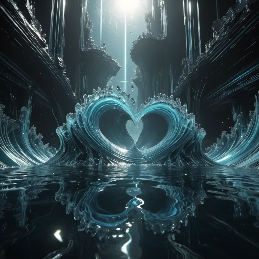 Photorealistic, colossal, undulating, obsidian, wave metropolis, its hyperrealistic, 4K, fractal, waterkissed structures unfurling ultra HD, zero gravity, hydrodynamic ecosystems. Volumetric lighting from unseen, pulsating, bioluminescent hearts etches the citys ethereal, geometric architecture, casting intricate, dynamic, neon shadows on the inverted, reflective void. Cinematic lighting bathes the scene in vibrant, aquatic hues, with lens flare emphasizing the citys central, radiant, throbbing, crystalline heart, pulsating with captive, alien, hydrothermal energy.