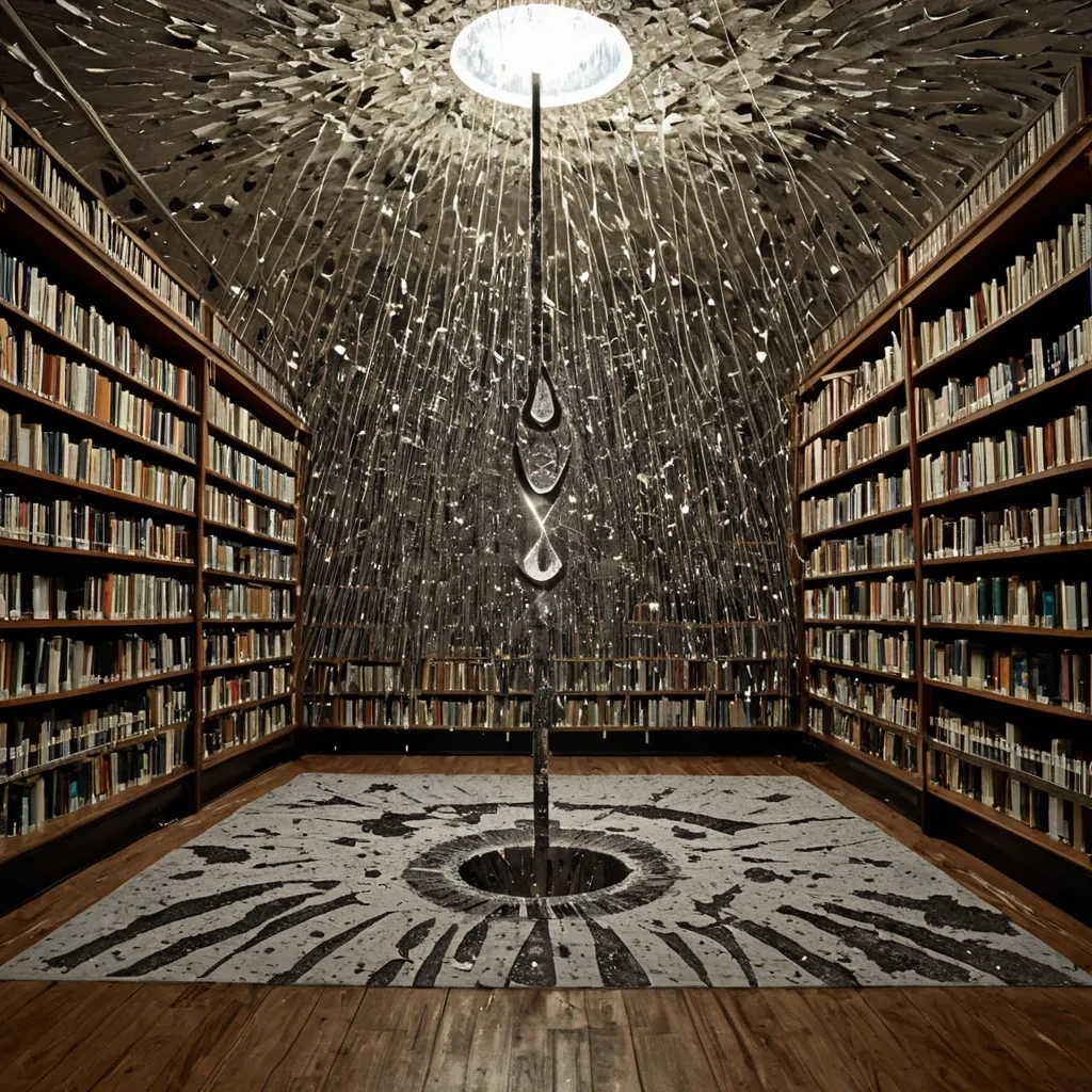 A single, hummingbirdsized tuning fork made of solidified moonlight and woven starlight hangs suspended in the center of a vast, silent library carved from compressed, fossilized silence. The fork is not metallic, but a crystalline lattice of interwoven frequencies, each prong vibrating with a different harmonic tonejoy, sorrow, longing, wondervisible as faint, shifting auroras that pulse in sync with the breath of any observer. The librarys shelves are not wood, but solidified breaths from a thousand forgotten lullabies, each one etched with the faint, ghostly outlines of words that were never spoken but were heard anyway, in dreams or neardeath moments. The floor is a mosaic of shattered mirrors, but