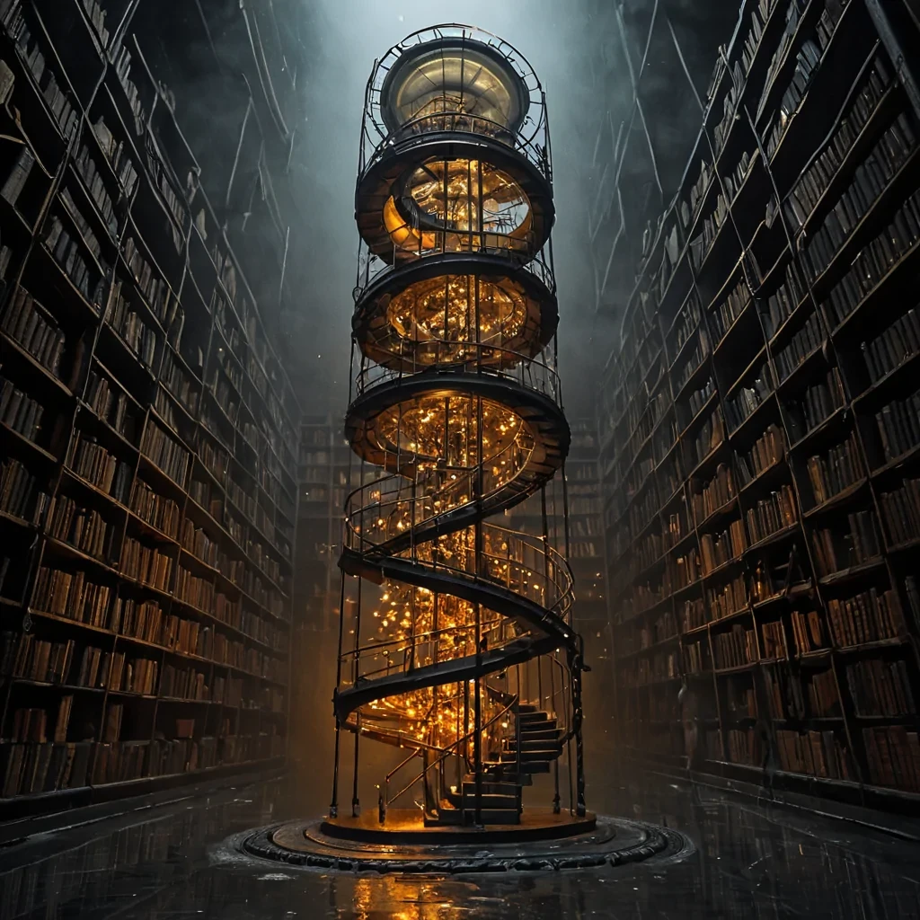 A vertical, eyelevel medium shot of a towering, helical library spiral constructed from stacked, translucent layers of hardened amber resin, suspended in a dense, foggy urban alleyway at midnight. The spiral descends into a dark, mirrorpolished obsidian floor that reflects the scene upside down, creating an infinite vertical symmetry. Within each amber layer, frozen in time, are miniature, intricate dioramas of forgotten mechanical automatonstiny brass birds, copper clocks, and porcelain dollsilluminated from within by soft, warm tungsten filaments that glow like captured fireflies. In the foreground, a figure wearing a sleek, highcollared coat made of matte charcoal leather stands on a narrow, floating bridge of woven steel cables