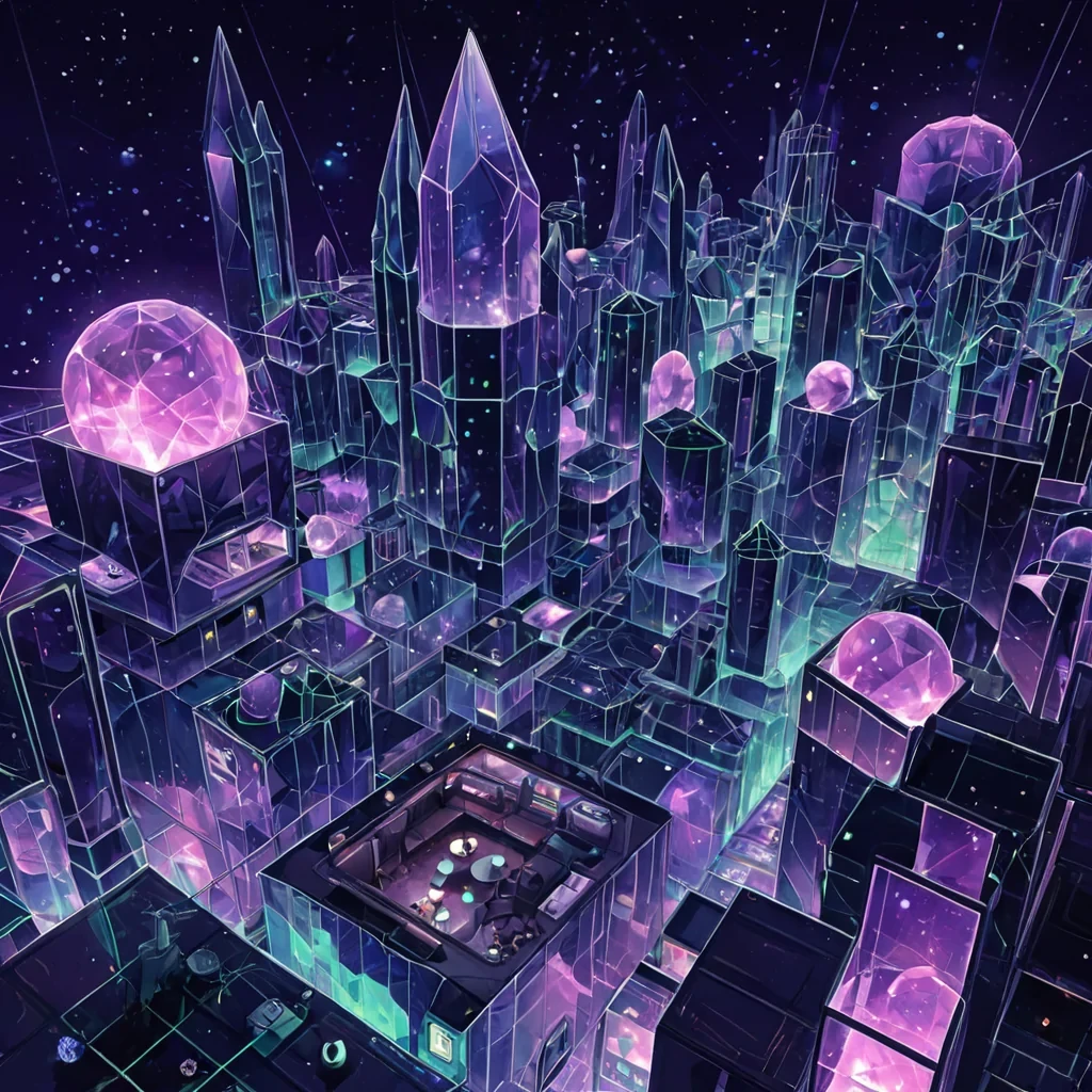 A horizontal, isometric illustration of a bustling, modular cityscape constructed entirely from translucent, geometric crystal shards floating in a vacuum of deep indigo space. The buildings are not static but appear to be slowly rotating and reconfiguring, connected by shimmering threads of liquid light that pulse with rhythmic, neongreen energy. In the foreground, a sleek, podlike transport vessel with a mirrored chrome hull glides silently along one of these lightthreads, its interior revealing a cozy, warmly lit cabin with plush, velvet seating and a single occupant gazing out at the cosmic expanse. The background features a nebula of soft, pastel purples and pinks, providing a gentle contrast to the sharp, angular architecture of the crystal city