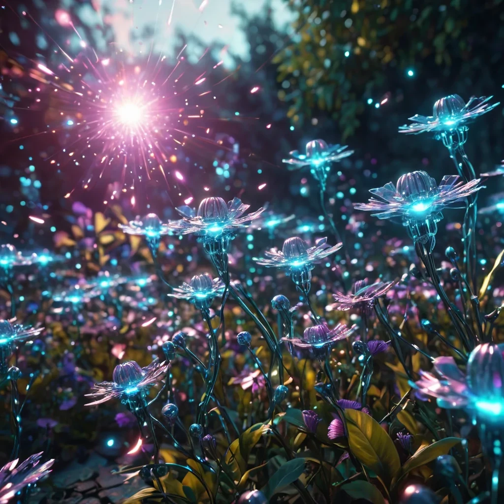 A cybernetic garden where metallic flowers bloom and emit holographic pollen, attracting swarms of tiny, glowing drones that dance and weave intricate patterns, hyperrealistic, 4K, cinematic lighting, volumetric lighting, atmospheric effects, dynamic lighting, bokeh effect, soft focus, lens flare, neon colors, detailed textures.