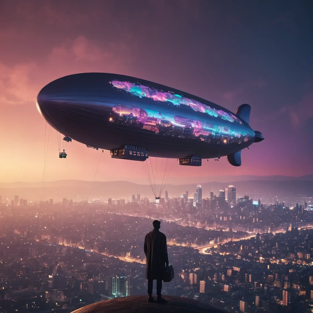 Suspended Sanctuary A colossal, ancient blimp, its hull adorned with intricate, hyperrealistic, 4K filigree, hovers silently over a vast, Ultra HD, neonlit metropolis. The blimps massive, volumetric hydrogen bags, crafted from a vibrant, pastel spectrum of luminescent gas, cast dynamic, cinematic shadows across the urban landscape. A lone, silhouetted figure stands at the blimps prow, gazing down at the cityscape, as the Bokeh effect from the bags soft, atmospheric glow dances with the metropolis lens flare, creating a surreal, ethereal focus.