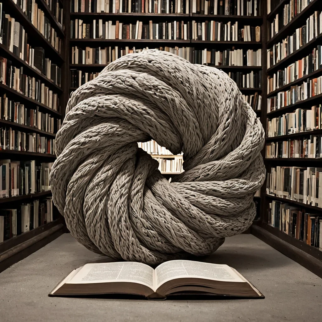 A single, selfentangling thread of reversed language, shaped like a 3,001dimensional knot of unformed syntax and inverted meaning, drifts through a vast, inverted library of solidified silenceeach book carved from the exact moment between a word being spoken and its refusal to be understood, a sentence forming and dissolving into nonsemantic dust, a story beginning and collapsing into pure, unmeasured abstraction. The knot does not communicateit uncommunicates, each twisting strand shedding a layer of linguistic potential that never coalesced into coherent thought, reforming into ephemeral, silverinked afterimages shaped like the negative space between two lips that never parted to speak a truth that never existed in any tongue.