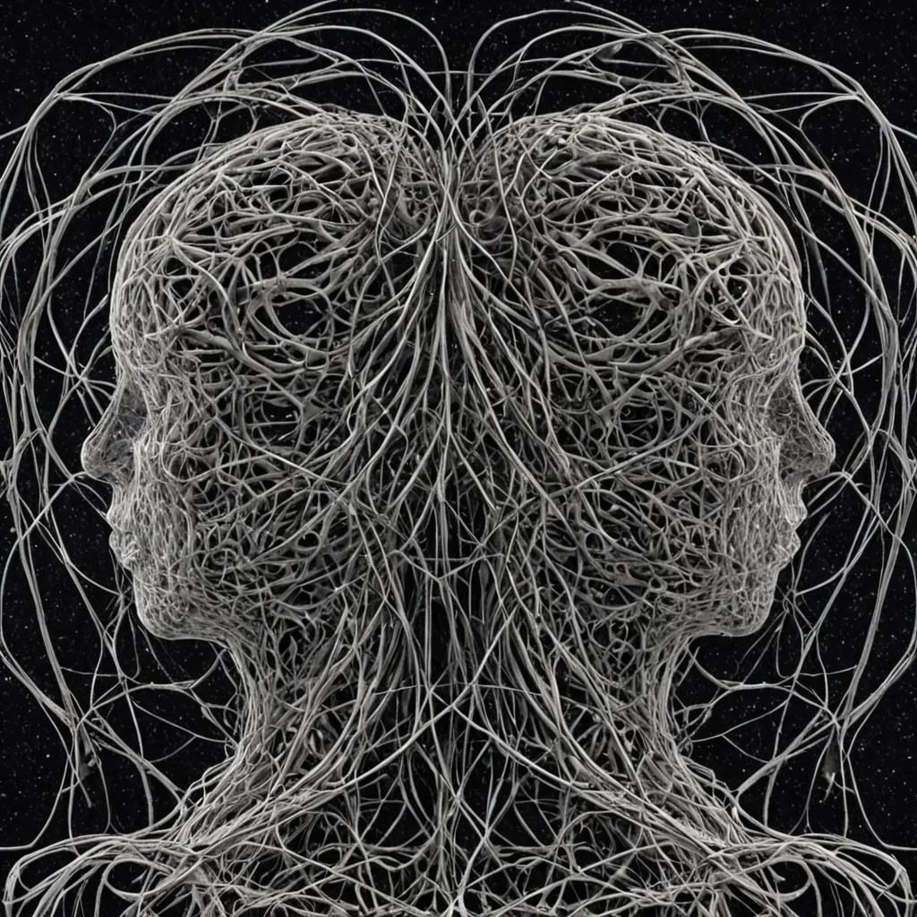 A single, selfunfolding tangle of solidified memory, shaped like a Mbius ribbon of reversed neural feedback, drifts at the center of a vast, inverted neural net woven from the compressed, unrecalled fragments of a civilization that communicated through the duration of synchronized, silent dreaming. The tangle does not recallit unremembers, each twist dissolving a layer of cognition that never coalesced into a shared dream, reforming into ephemeral, amethystveined afterimages shaped like the negative space between two minds that never synchronized in the same moment of mutual lucidity. The neural net is not digitalit is a layered expanse of petrified thought, each synapse etched with the electro