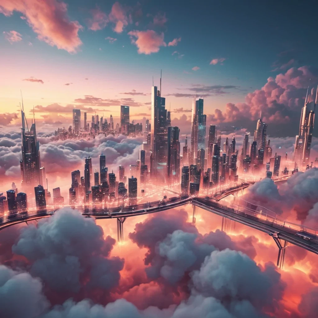 A futuristic, levitating cityscape where buildings are interconnected by translucent, neonlit bridges, floating above a sea of clouds at sunset, hyperrealistic, 8K, cinematic lighting, volumetric lighting, atmospheric effects, dynamic lighting, bokeh effect, soft focus, lens flare, pastel pinks, soft oranges, and twilight blues, detailed textures.