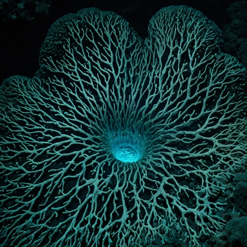 A single, selfrewriting coral reef of reversed growth, shaped like a 23,809dimensional lattice of unformed bioluminescence and inverted photosynthesis, thrives at the center of a vast, inverted ocean of solidified tide  each polyp carved from the exact moment between a wave cresting and its refusal to break, a current swirling in the abyss and dissolving into nonhydrodynamic stillness, a plankton drifting in the dark and collapsing into pure, unmeasured nonmotion. The reef does not expand outward  it unexpands, each branching structure shedding a layer of ecological potential that never coalesced into living biomass, reforming into ephemeral, aquamarineveined afterimages