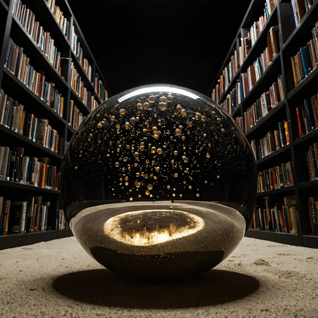 A hyperrealistic, lowangle macro shot of a solitary, translucent obsidian sphere resting on a bed of fine, silvercolored metallic sand. The sphere acts as a fisheye lens, capturing a distorted, inverted reflection of a vast, Brutalist concrete library interior with towering bookshelves stretching into infinite darkness. Inside the sphere, suspended in the vacuum, is a miniature, swirling galaxy of gold dust and iridescent soap bubbles, each bubble containing a tiny, glowing filament of copper wire that forms complex, circuitlike patterns. The lighting is dramatic and moody, with a single, harsh spotlight from above creating sharp, specular highlights on the spheres surface and long, deep shadows across the textured sand. The background is a soft,