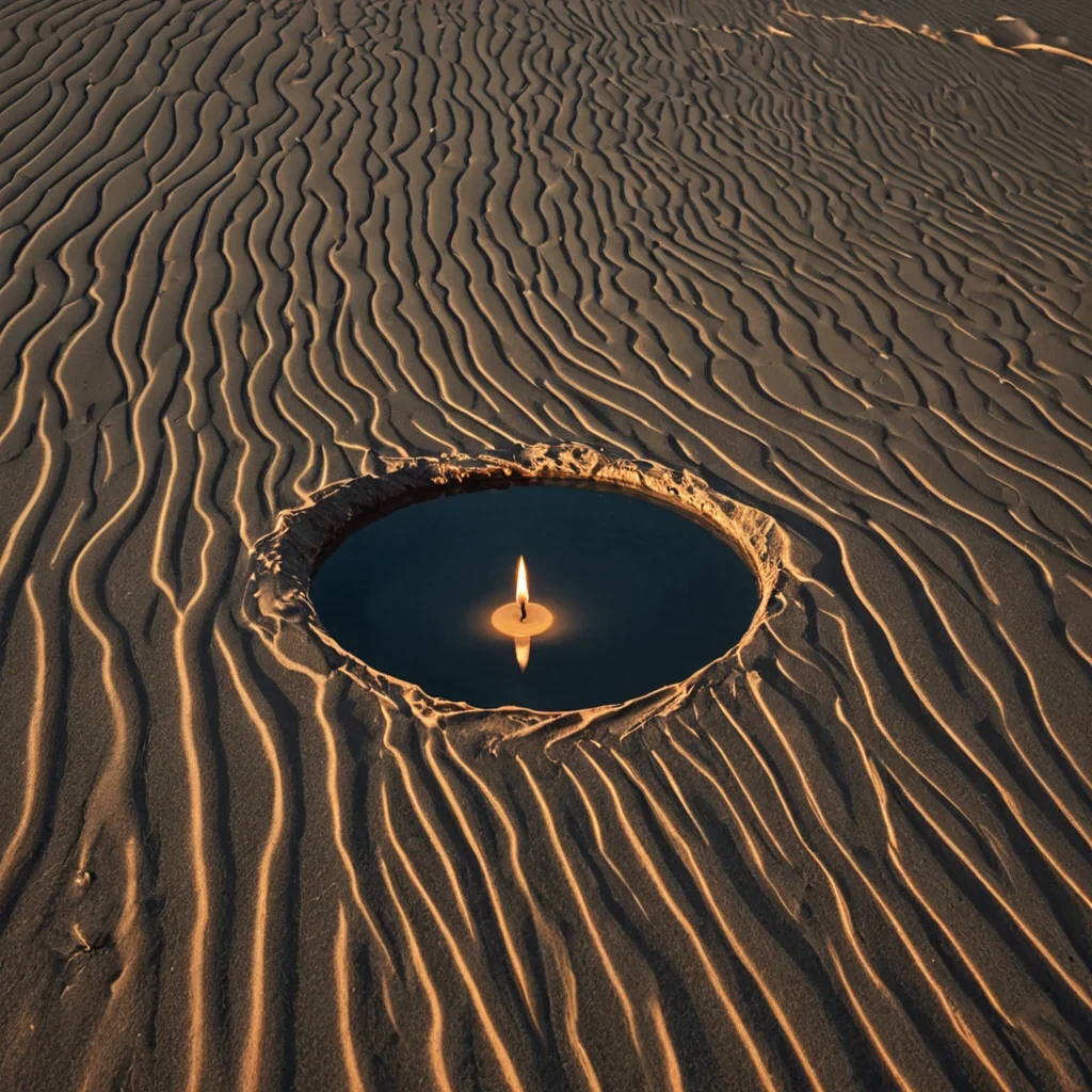 A single, selfreflecting pool of reversed light, shaped like a 7,301dimensional mirror of unformed illumination and inverted radiance, floats at the center of a vast, inverted desert of solidified shadow. Each ripple is spun from the exact moment between a sun rising and its refusal to burn, a candle being lit and dissolving into nonglow, a glance meeting another and collapsing into pure, unmeasured nonvisibility. The pool does not reflectit unreflects, each shimmering distortion shedding a layer of luminous potential that never coalesced into warmth, revelation, or the weight of being seen. As it ripples backward through the infinite dunes of darkness, it leaves behind trails of un