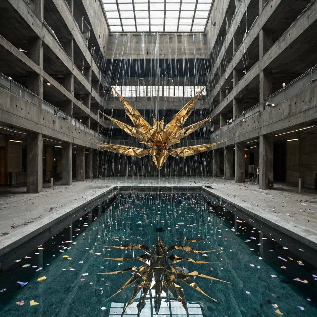 A horizontal, eyelevel shot of a vast, sundrenched atrium within a brutalist concrete structure, where the floor is a shallow pool of clear water reflecting the ceilings grid of skylights. Suspended above the water are hundreds of floating, geometric origami cranes crafted from iridescent, metallic foil that shifts between copper and gold depending on the angle of light. In the center, a large, spherical fountain made of polished black basalt sprays water in perfect, synchronized arcs, with each droplet refracting light into tiny prisms. A figure in a sleek, white lab coat stands at the edge of the pool, carefully adjusting a mechanical arm made of slender brass tubes that delicately holds one of the floating cranes