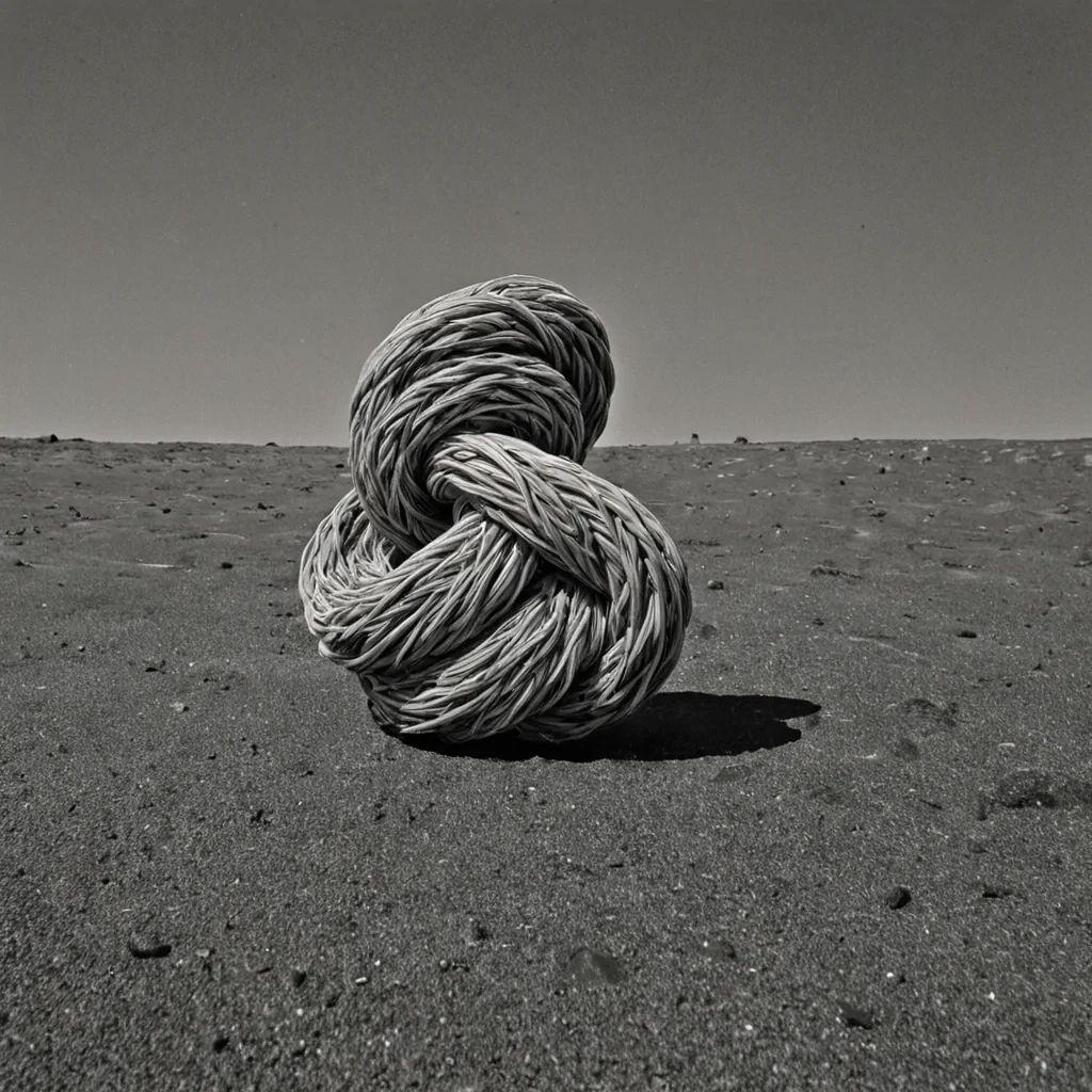 A single, selfoscillating tangle of reversed gravity, shaped like a 3,842dimensional knot of unformed weight and inverted pull, floats at the center of a vast, inverted sky of solidified buoyancy  each strand woven from the exact moment between a foot lifting off the ground and its refusal to descend, a stone released from a hand and dissolving into nonmomentum, a birds wing beating in midair and collapsing into pure, unmeasured nonfall. The tangle does not anchor matter  it unanchors it, each shimmering filament shedding a layer of gravitational potential that never coalesced into downward force, reforming into ephemeral, topazveined afterimages shaped like