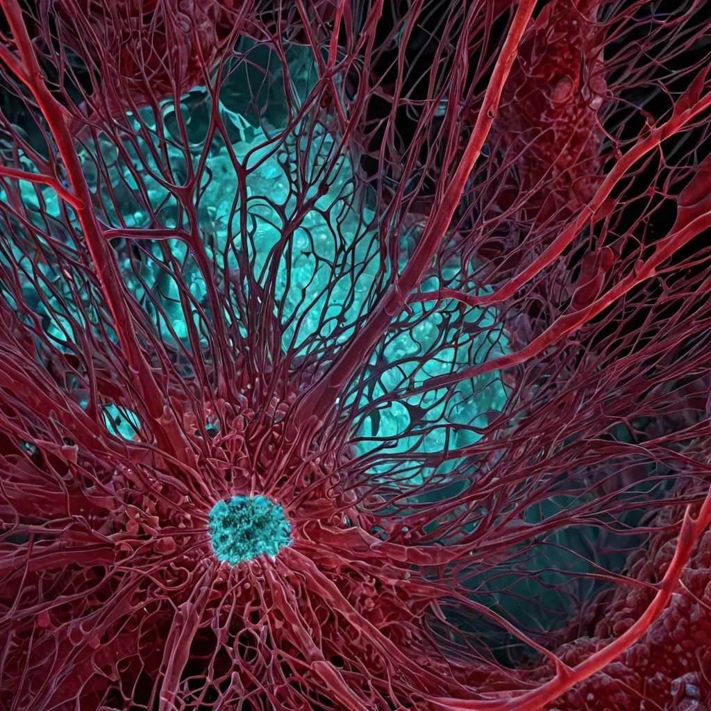 A sideview, crosssectional diagrammatic illustration of a colossal, biological megastructure resembling a giant, vertical ear canal, rendered in hyperdetailed medical concept art style. The inner walls are composed of overlapping, translucent layers of coral pink cartilage and deep crimson vascular networks, visible through the semitransparent membranes. Inside the central void, a swarm of thousands of tiny, autonomous, dronelike insects with wings made of iridescent oil slicks flits in chaotic, yet coordinated patterns. These drones are carrying microscopic, glowing cyan packets of data from one end of the structure to the other. The lighting is bioluminescent, emanating from the veins in the walls, casting a sickly, organic glow that highlights the texture of the cart