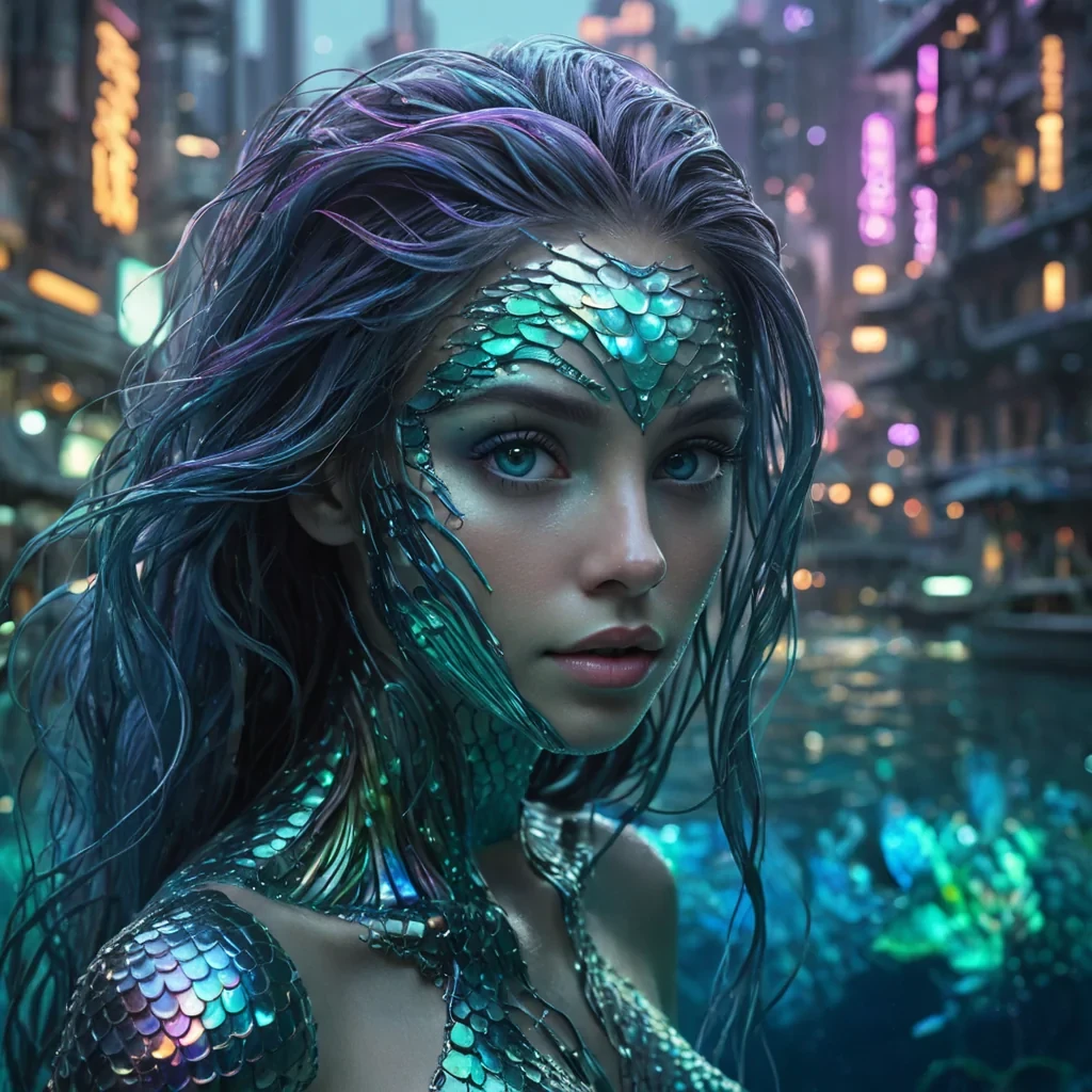 A hyperrealistic, 4K, ultra HD portrait of a cybernetic mermaid, her iridescent scales shimmering with the colors of a neondrenched underwater city. The mermaids eyes, a deep, enigmatic sapphire, hold the secrets of a thousand digital tides. Her hair, a cascade of shimmering, holographic seaweed, gently pulses with each beat of her mechanical heart. The background is a surreal, aquatic metropolis filled with floating data streams and the soft glow of bioluminescent algae. Cinematic lighting accentuates the mermaids otherworldly beauty, while a subtle bokeh effect blurs the neonlit underwater cityscape, creating an intimate, focused atmosphere.