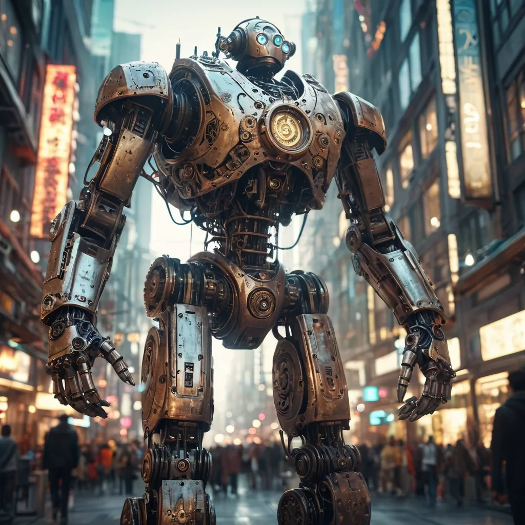 A giant, ancient clockwork robot standing in the middle of a futuristic city, its gears and mechanisms visible through a translucent exoskeleton, hyperrealistic, 4K, cinematic lighting, volumetric lighting, atmospheric effects, dynamic lighting, bokeh effect, soft focus, lens flare, metallic sheen, detailed textures.