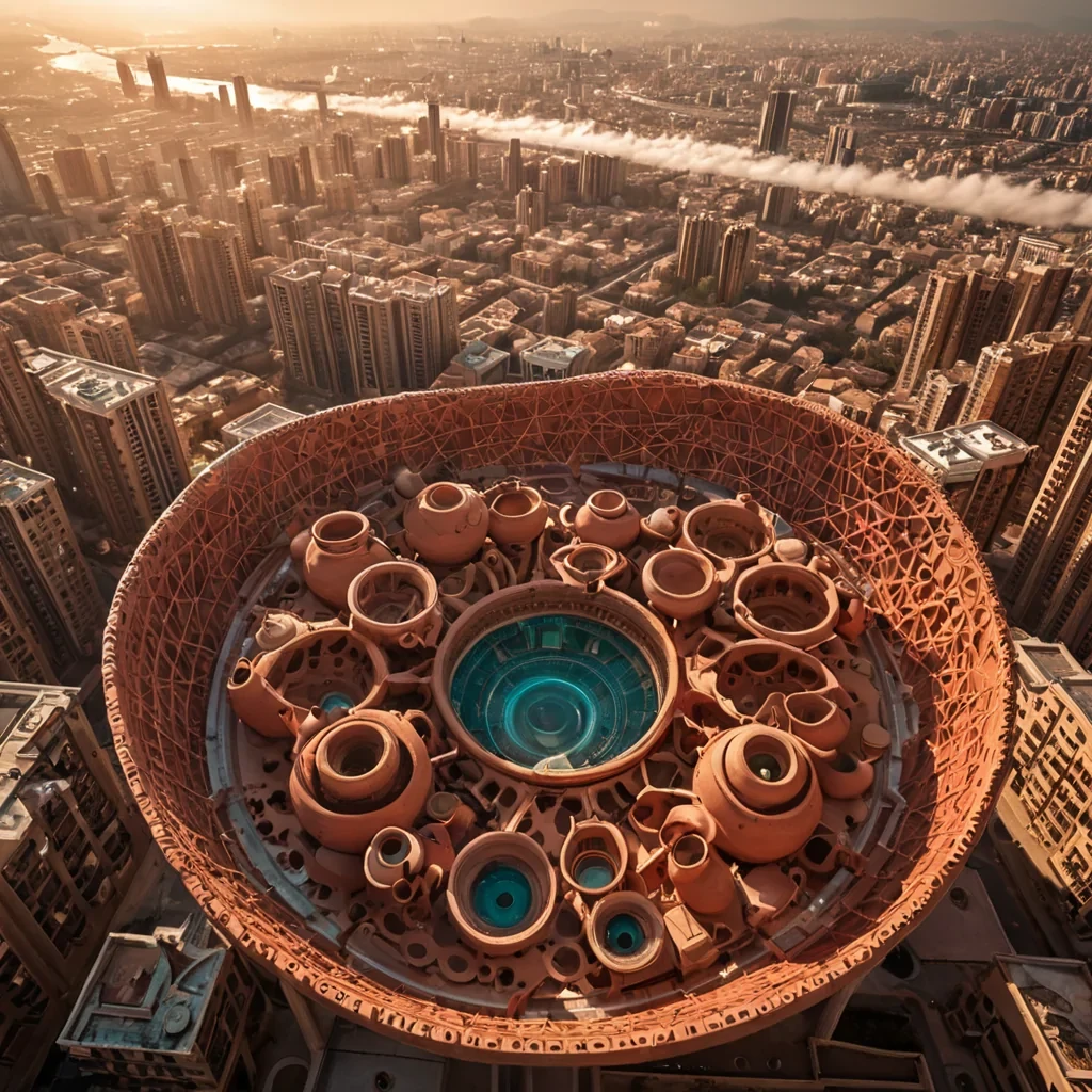 A breathtaking, wideangle aerial view of a sprawling, futuristic metropolis built entirely from massive, interconnected terracotta clay vessels suspended in a sky filled with soft, swirling clouds of gold dust. The citys infrastructure consists of intricate networks of glazed ceramic pipes and arches that pulse with a warm, internal amber glow, connecting towering amphorashaped skyscrapers and smaller, domeshaped residential units. In the center, a giant, hollowedout bowl acts as a communal plaza where figures in flowing, silk robes of deep crimson and teal gather beneath a canopy of translucent, silklike fabric that filters the sunlight into a kaleidoscope of warm hues. The lighting is golden and hazy, creating long, soft shadows that emphasize the smooth, tactile