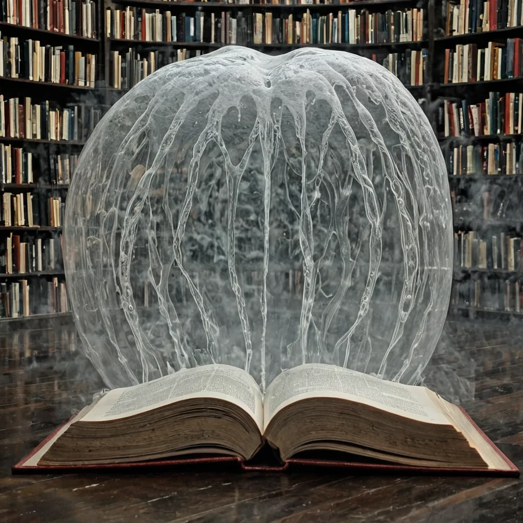 A single, selfilluminating cluster of reversed humidity, shaped like a 97dimensional foam of unformed condensation and inverted vapor, floats at the center of a vast, inverted library of solidified breatheach book bound from the petrified instant between a sigh exhaled and its refusal to disperse, a word spoken and its silence after, a thought formed and its immediate dissolution into mist. The cluster does not evaporateit unmoists, each translucent bubble shedding a layer of atmospheric potential that never coalesced into a shared moment of dampness, reforming into ephemeral, aquamarineveined afterimages shaped like the negative space between two lips that never parted to speak, suspended in the cool,