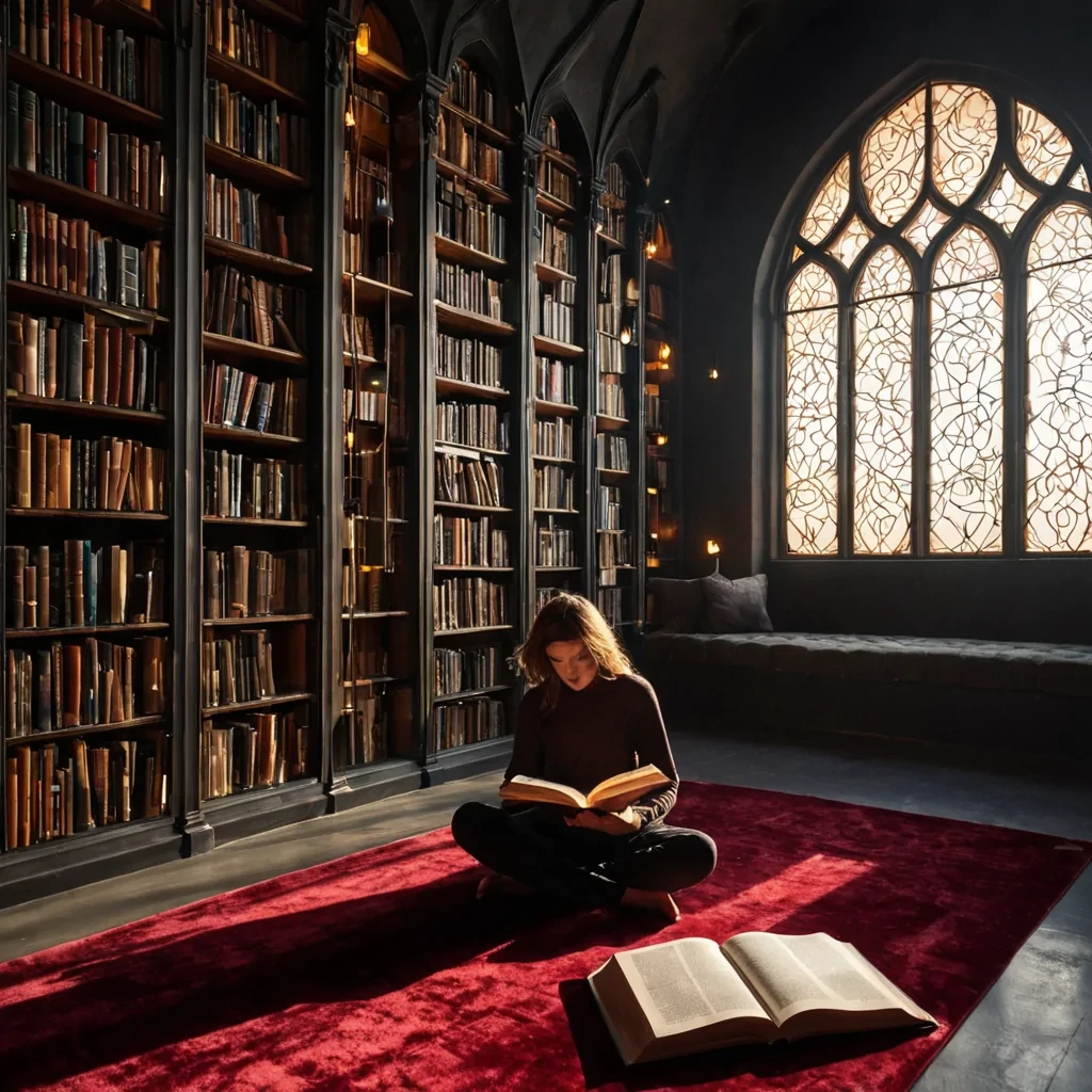 A vertical, medium shot of a serene, indoor library constructed from seamless, matte black basalt, where the walls are lined with shelves made of warm, glowing amber wood that hum with a soft, internal light. The air is thick with suspended, golden dust motes that drift lazily in the stillness, catching the warm, directional sunlight streaming through a high, arched window made of frosted, textured glass. In the center, a figure sits crosslegged on a plush, deep crimson velvet rug, reading a large, leatherbound book with pages made of thin, translucent vellum that glows faintly from within. Surrounding the figure are dozens of floating, spherical lanterns crafted from blown glass and copper wire, each containing a