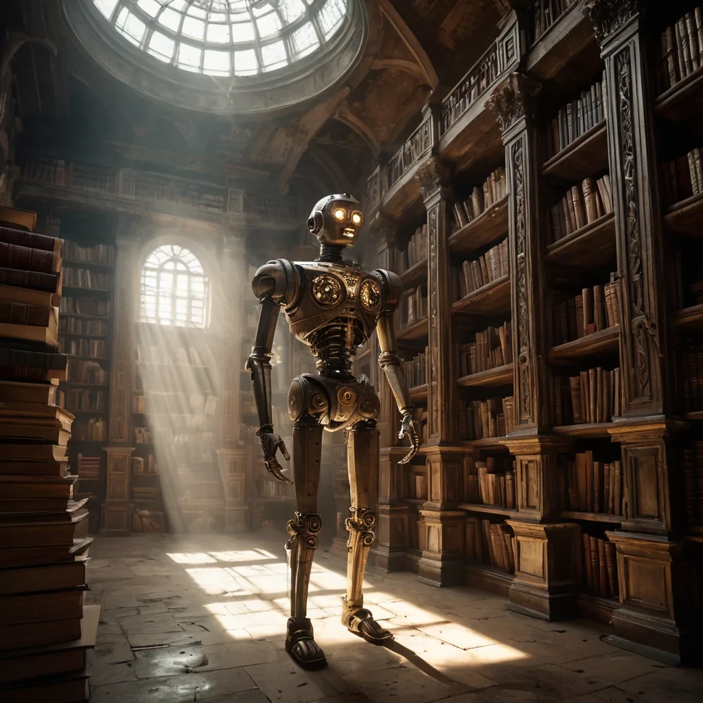 In the heart of a forgotten, subterranean library, a colossal, ancient automaton, intricately detailed and hyperrealistic, awakens from its slumber. Volumetric lighting from unseen sources casts dramatic shadows, as the automatons glowing, cinematic eyes scan the towering, dustcovered tomes. The air is thick with atmospheric dust motes, dancing in the dynamic, softfocused light. The automatons metallic, textured surface reflects the librarys labyrinthine architecture, as lens flare from a distant, flickering lantern accentuates its enigmatic, lifelike expression.