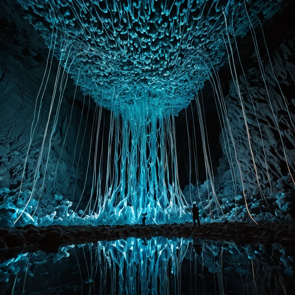 A vertical, lowangle macro perspective of a colossal, translucent corallike structure growing from the ceiling of a subterranean salt cavern, where the branches are composed of layered, frosted glass that refracts light into prismatic rainbows. The core of the structure pulses with a soft, rhythmic bioluminescence in shades of deep indigo and electric cyan, resembling a neural network firing in slow motion. Surrounding the central form are thousands of tiny, autonomous drones made of polished brass and delicate silk ribbons, hovering in a synchronized swarm that creates a fluid, wavelike pattern in the air. The floor below is a mirrorlike pool of liquid mercury, perfectly reflecting the inverted, glowing canopy above. In the foreground, a solitary figure