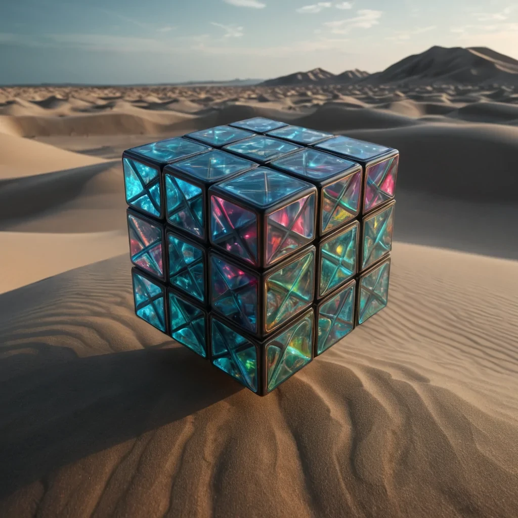 A hyperrealistic, 4K portrait of a sentient, levitating, neonlit holographic Rubiks cube, its ethereal form pulsating with intricate, bioluminescent fractal patterns, set against a surreal, monochromatic landscape of undulating, shadowy dunes, with volumetric lighting casting dramatic shadows and emphasizing the cubes dynamic, fluid movements, and a subtle, cool bokeh effect creating a sense of isolation and mystery.