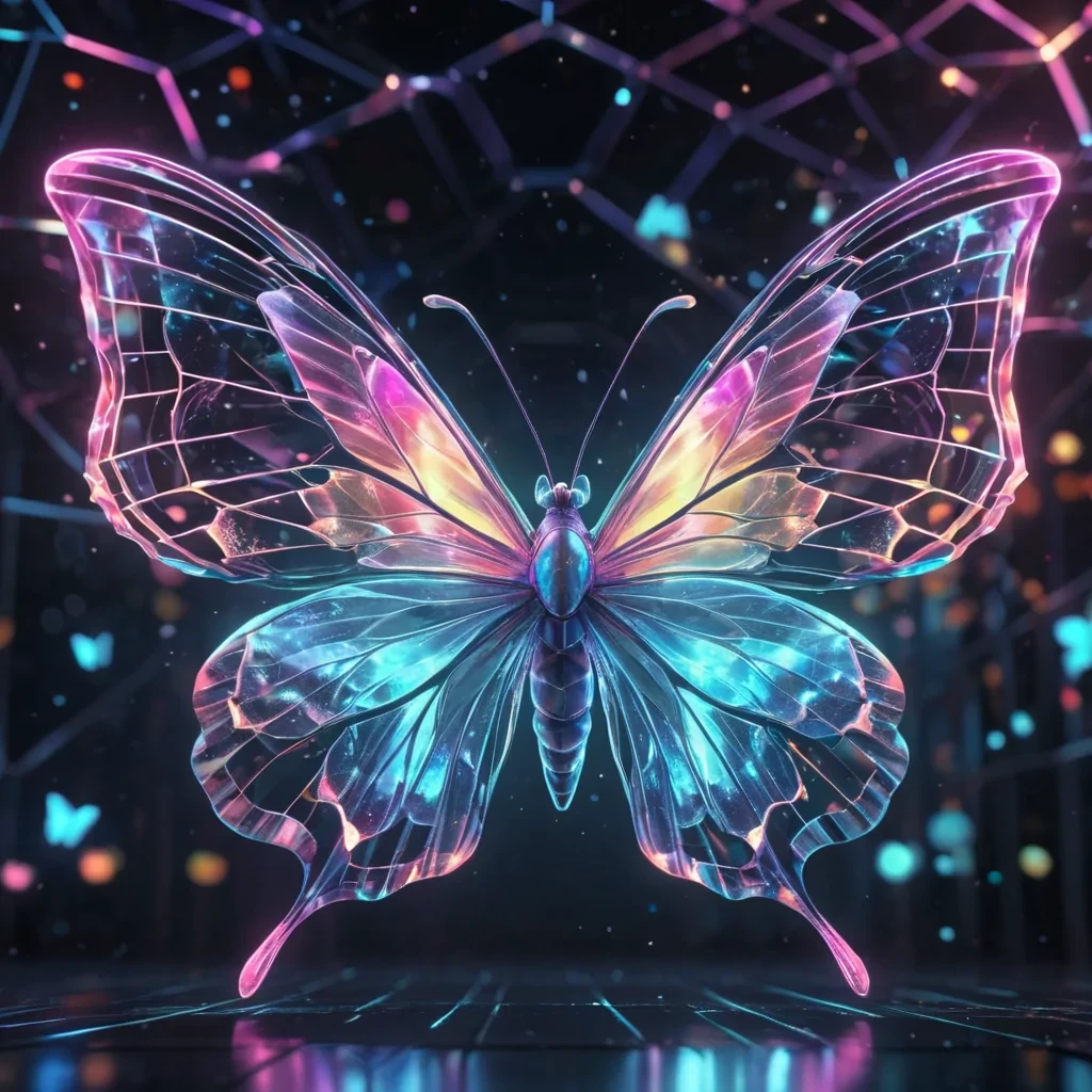Hyperrealistic neon butterfly with iridescent wings, gracefully floating through a floating, geometric lattice of reflective, swirling pastel pentagons, dynamic lighting with volumetric beams, soft focus on its delicate, luminescent body, vibrant colors, 4K resolution, lens flare shimmering around its ethereal form in a surreal, futuristic cityscape sanctuary.