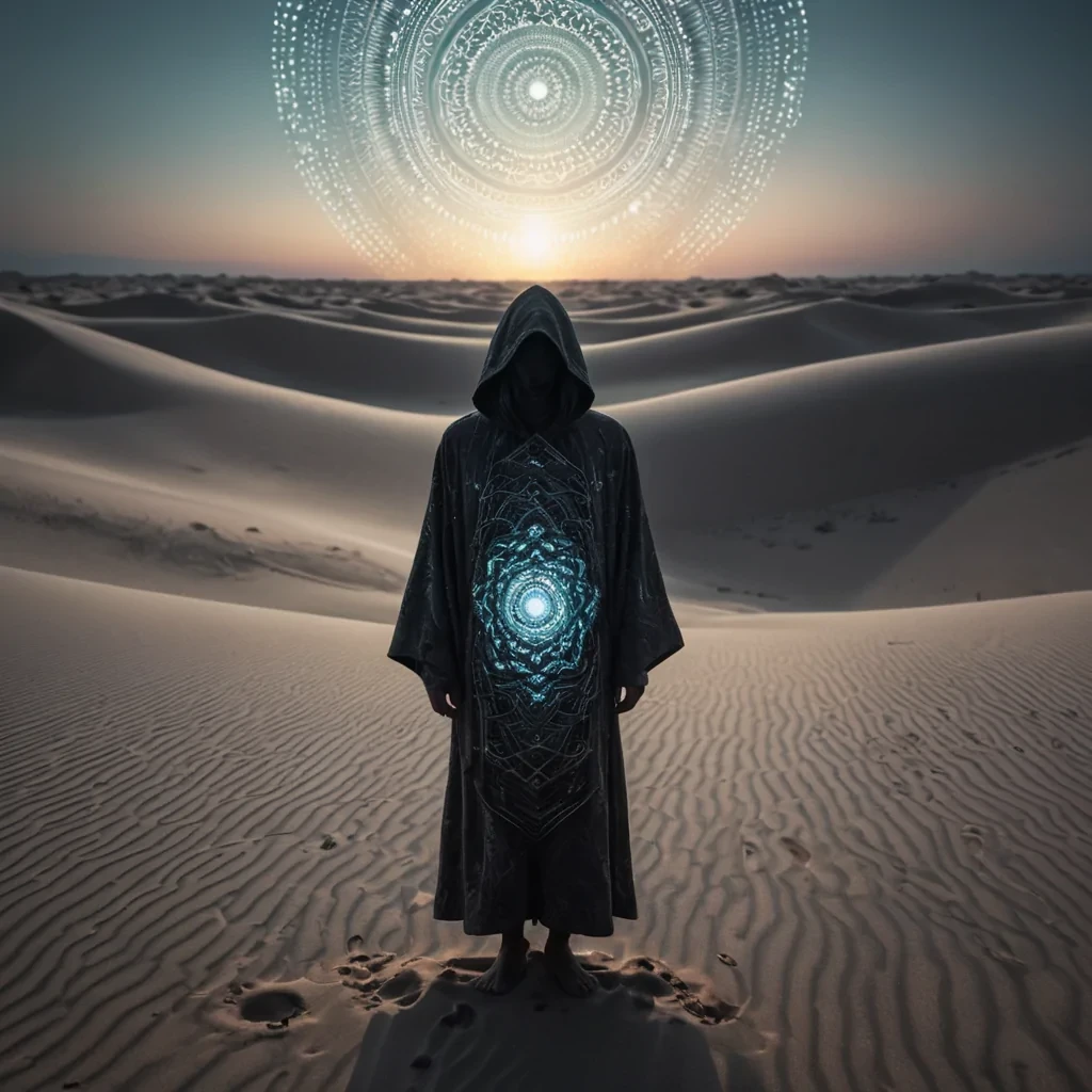 A hyperrealistic, 4K portrait of a sentient, levitating, neonlit holographic kaleidoscope, its ethereal form pulsating with intricate, bioluminescent geometric patterns, set against a surreal, monochromatic landscape of undulating, shadowy dunes, with volumetric lighting casting dramatic shadows and emphasizing the kaleidoscopes dynamic, fluid movements, and a subtle, cool bokeh effect creating a sense of isolation and mystery, as a lone, spectral figure, cloaked in a tattered, hooded robe, stands silently at the edge of the frame, their face obscured by shadows, adding an enigmatic, haunting touch to the otherwise abstract scene.