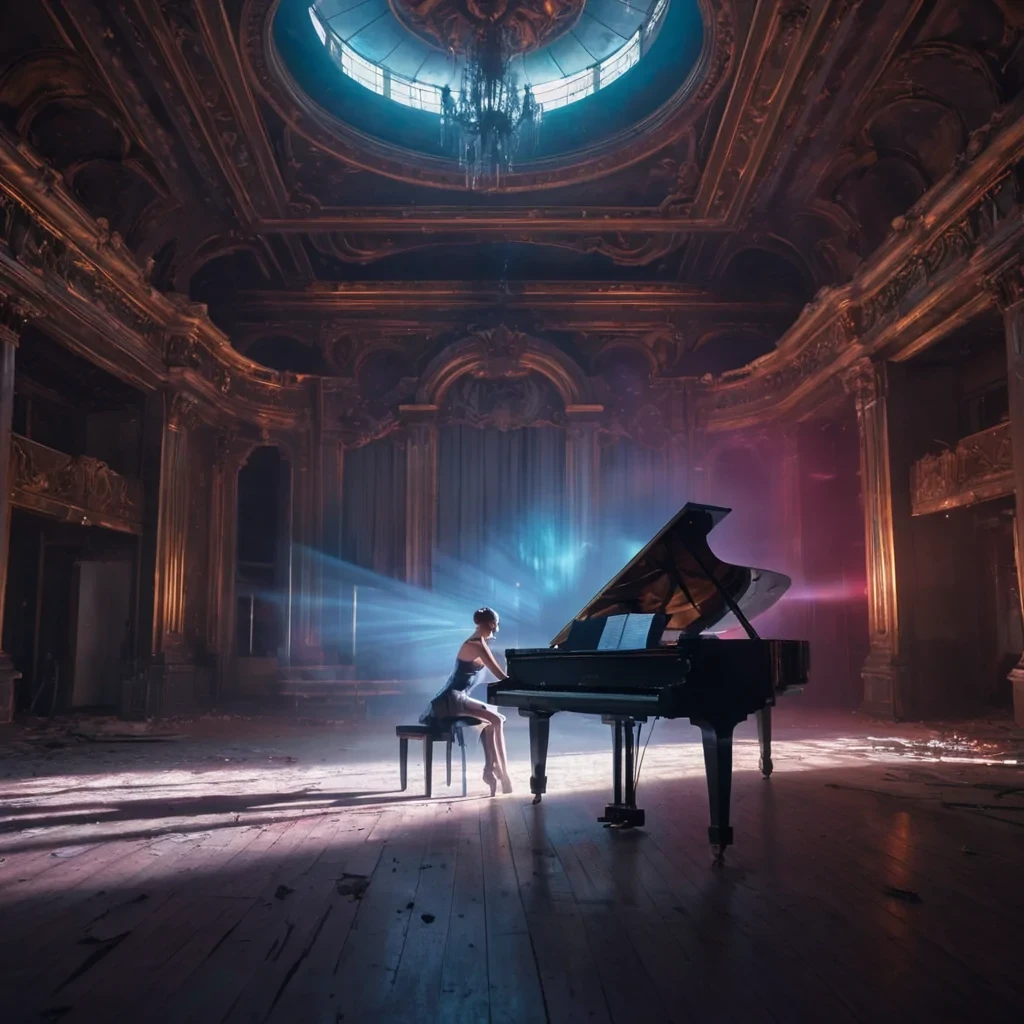A lone, mechanical musician playing a haunting melody on a grand, neonlit piano in an abandoned, neonlit opera house, with holographic dancers performing a ballet in the background, hyperrealistic, 8K, cinematic lighting, volumetric lighting, atmospheric effects, dynamic lighting, bokeh effect, soft focus, lens flare, neon colors, detailed textures.