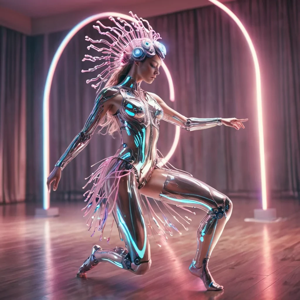 Hyperrealistic cyborg dancer with fluid metallic tendrils, twirling in a neonlit, hypermodern ballroom, pastel tones with dynamic lighting, soft focus on her intricate, glowing headdress, vibrant colors, 4K resolution, lens flare around her movement.