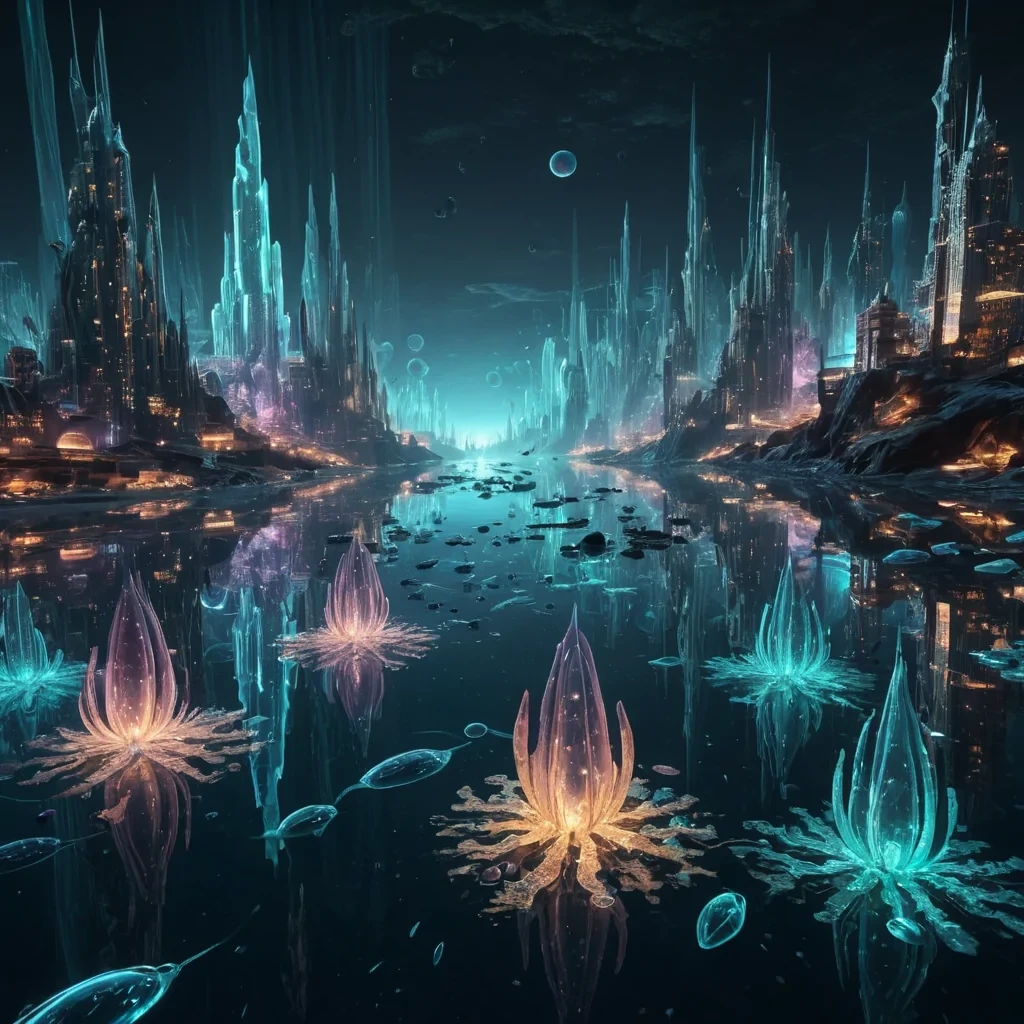 A hyperrealistic, 4K, ultra HD depiction of a surreal, bioluminescent underwater city nestled in the depths of a vast, alien ocean. The citys sleek, iridescent structures are adorned with intricate, fractal patterns that shimmer in the ethereal, prismatic light filtering through the water. Volumetric lighting from the citys pulsating, neonlike light sources casts a mesmerizing, dynamic glow on the surrounding, crystalline formations. In the foreground, a group of alien beings with translucent, scalelike skin glide through the citys waterways, their silhouettes illuminated by the soft, pasteltoned lanterns. The scene is filled with an otherworldly, serene atmosphere, enhanced by the