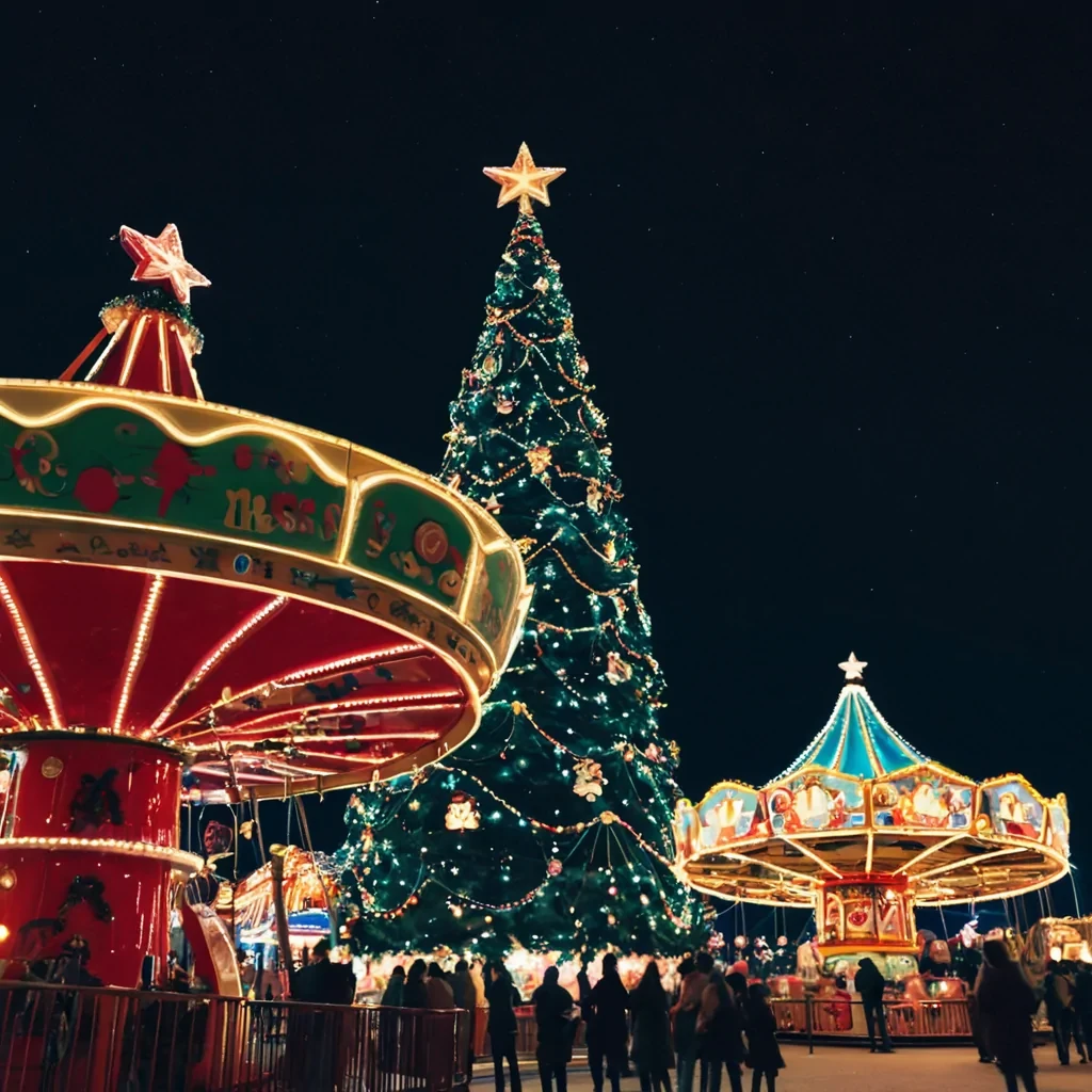 Christmas tree sounded by Amusement Park rides a d stars