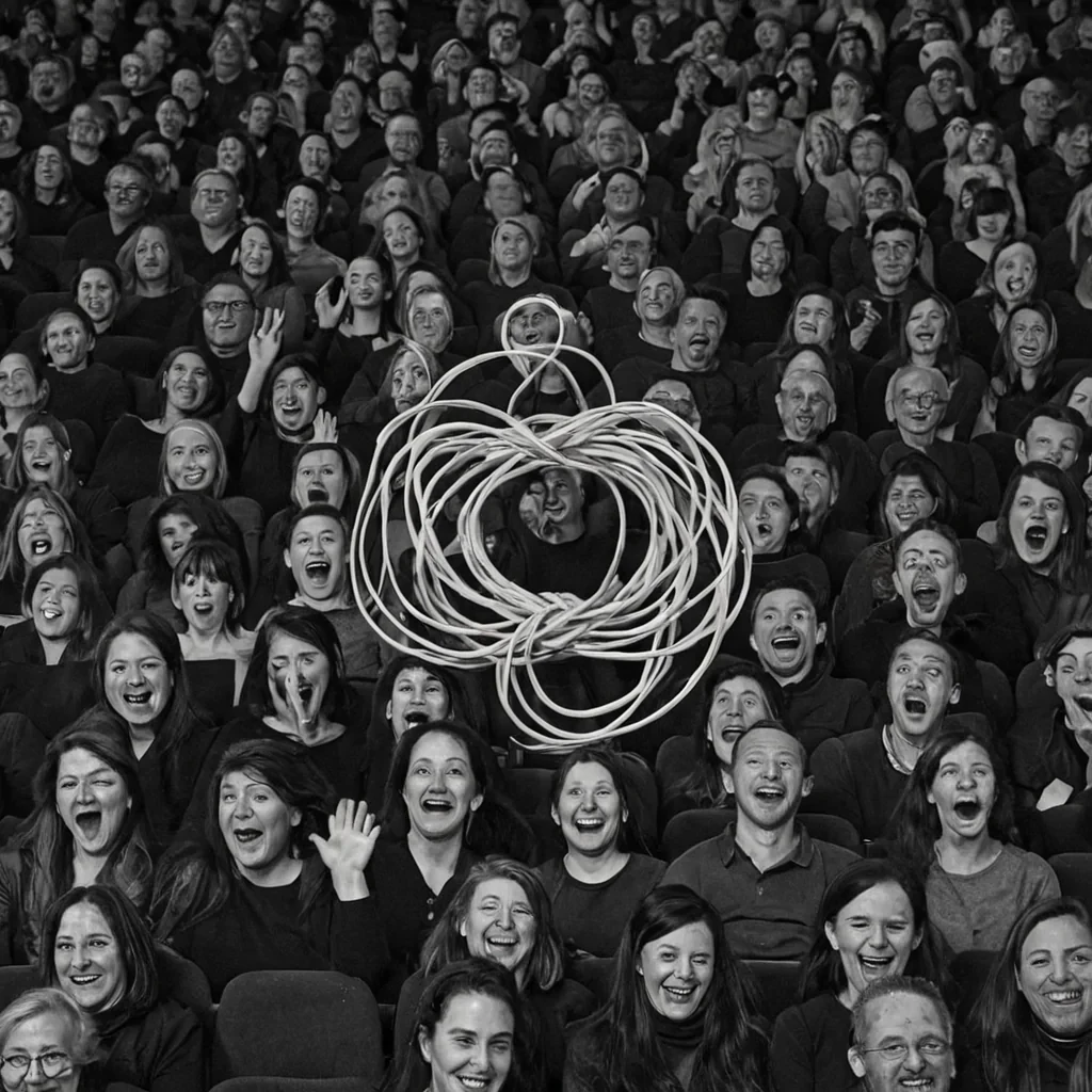 A single, selfilluminating tangle of reversed laughter, shaped like a 4,219dimensional knot of unformed joy and inverted mirth, pulses at the center of a vast, inverted theater of solidified silence  each seat carved from the exact moment between a joke being told and its refusal to be heard, a smile forming on lips and dissolving into nonaffective stillness, a hand raised in applause and collapsing into pure, unmeasured nonacknowledgment. The tangle does not generate sound  it ungenerates it, each unraveling strand shedding a layer of emotional resonance that never coalesced into shared amusement, reforming into ephemeral, rosegoldthreaded afterimages shaped like