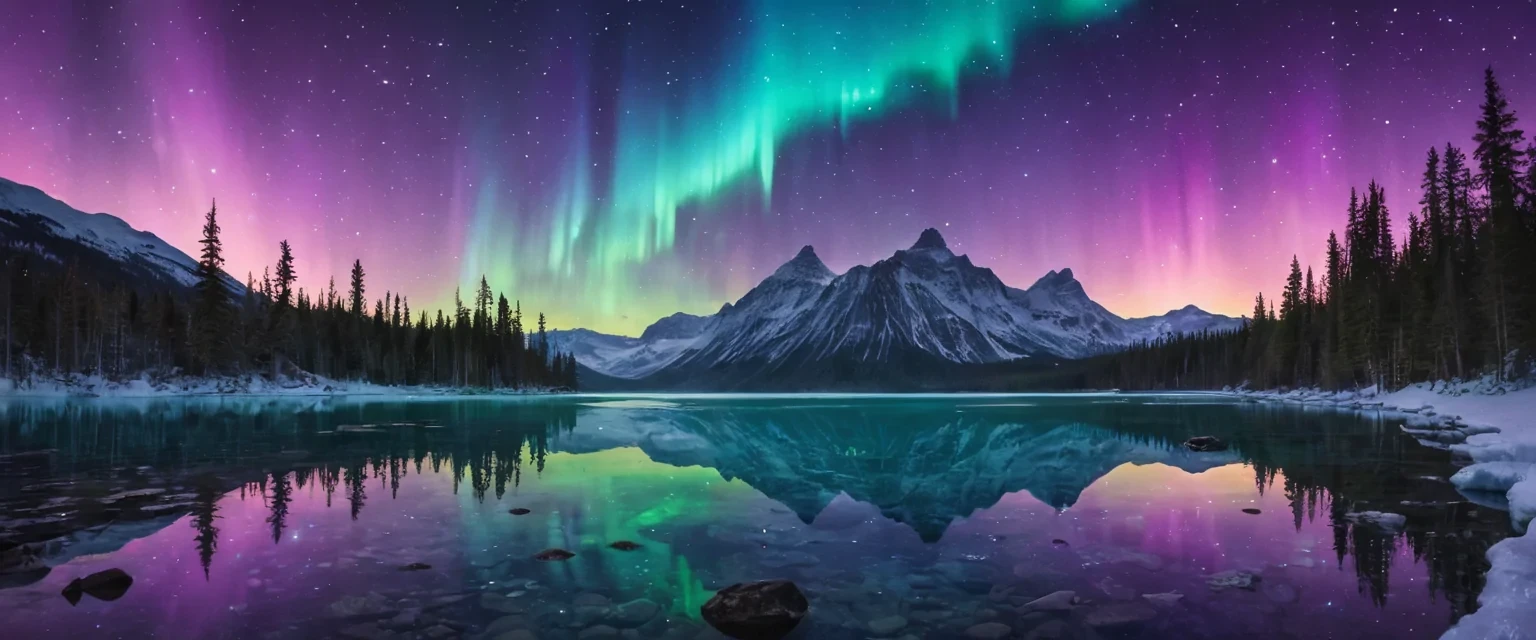 An enchanting, otherworldly landscape illuminated by a glowing aurora in shades of violet, teal, and gold, cascading across a starstudded sky. In the foreground, a shimmering crystal lake reflects the vibrant colors, surrounded by ethereal trees with luminous leaves. A mystical energy radiates from a floating orb at the center, emanating soft golden light that intertwines with the aurora above. The scene is surreal, inviting viewers into a dreamlike realm of creativity and limitless possibilities