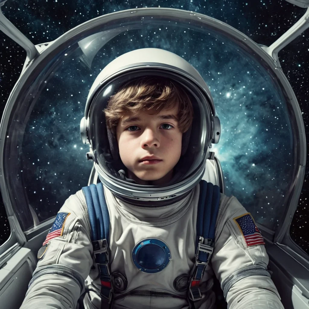 teenage boy riding in a spaceship looking forward into the oncoming stars wearing a space suit and helmets..