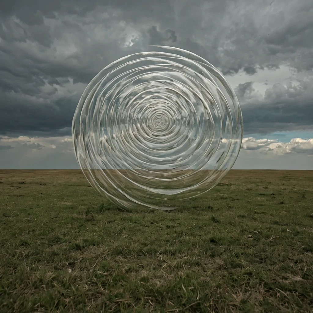 A single, selfrotating prism of solidified wind, shaped like a 3dimensional spiral of inverted pressure and unformed turbulence, hovers at the center of a vast, inverted sky composed of the petrified breaths of a civilization that measured weather through the duration of synchronized, silent sighs held just before the first gust was ever allowed to ripple across a field of unmoving grass. The prism does not refractit unbreathes, each facet shedding a layer of aerodynamic potential that never coalesced into a shared current, reforming into ephemeral, topazveined afterimages shaped like the negative space between two lungs that never exhaled in unison during the same moment of mutual stillness. The