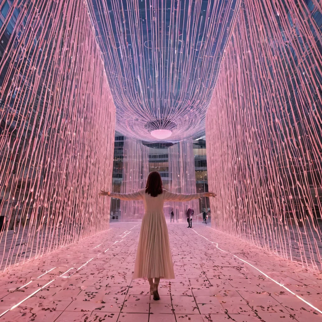 A horizontal, eyelevel wide shot of a vast, sundrenched plaza constructed from seamless, matte white ceramic tiles, where the ground is intricately etched with glowing, neonorange circuit lines that pulse in rhythm with the ambient hum of the city. In the center stands a towering, spiraling structure made of interlocking, translucent panels of frosted pink quartz, each panel displaying a different, rapidly shifting abstract data visualization. Hovering around the base of the structure are dozens of small, spherical drones with iridescent, beetlelike shells, emitting soft, pastelcolored light trails as they weave through the air. In the foreground, a figure wearing a sleek, minimalist outfit in shades of cream and gold stands with arms outstretched, their