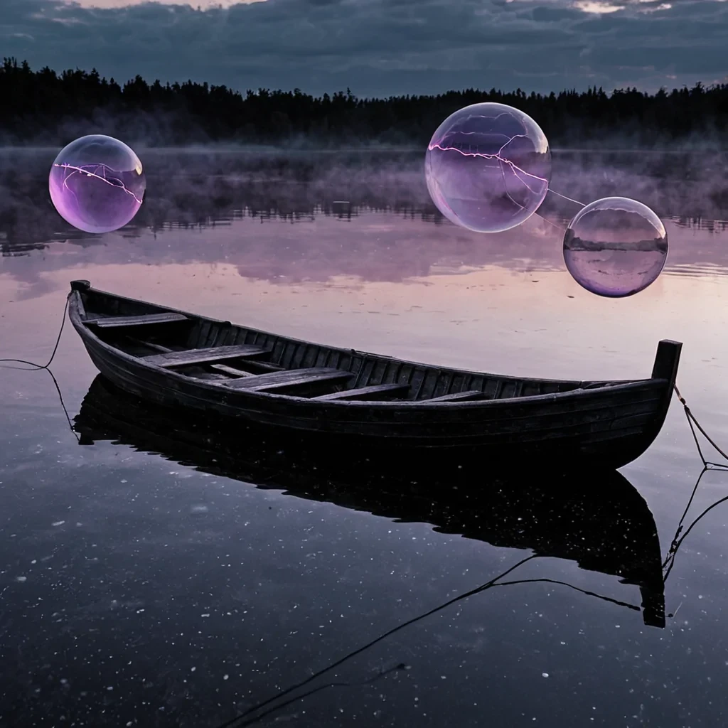 A mediumshot, eyelevel view of a solitary, weathered wooden rowboat drifting in a calm, obsidianblack lake at twilight. The boat is constructed from dark, charred oak, its planks glowing with faint, residual heat that emits thin wisps of pale blue smoke. Inside the hull, instead of water, sits a deep, still pool of liquid velvet that perfectly mirrors the sky above. Suspended over the boat, tethered by thin, invisible threads, are three large, translucent spheres made of stretched, iridescent soap film, each enclosing a different, miniature, suspended storm systemone with electric violet lightning, one with swirling silver mist, and one with gentle, falling golden leaflike particles. The background is a seamless
