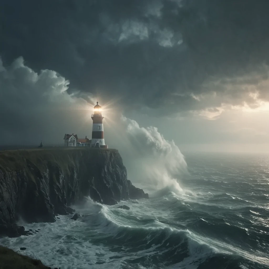 A lone, ancient lighthouse standing on a cliff overlooking a vast, stormy sea, its beam of light cutting through the dense fog, revealing ghostly, ethereal figures dancing on the waves, hyperrealistic, 4K, cinematic lighting, volumetric lighting, atmospheric effects, dynamic lighting, bokeh effect, soft focus, lens flare, dramatic storm clouds, detailed textures.