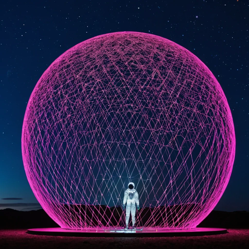 A vertical, eyelevel medium shot of a solitary, highaltitude aviary constructed from suspended, tensionwoven cables of iridescent silver fiber against a backdrop of deep, twilight indigo sky. The structure is not a building but a complex, threedimensional web of glowing, neonpink and electricblue luminescent threads that form a massive, spherical geodesic dome. Inside the dome, hundreds of small, bioluminescent birds with feathers made of translucent, stainedglass shards perch on the tension cables, their bodies refracting the internal light into prismatic rainbows. In the foreground, a figure wearing a streamlined, mattewhite flight suit with aerodynamic fins stands on a narrow, circular platform of polished black steel,