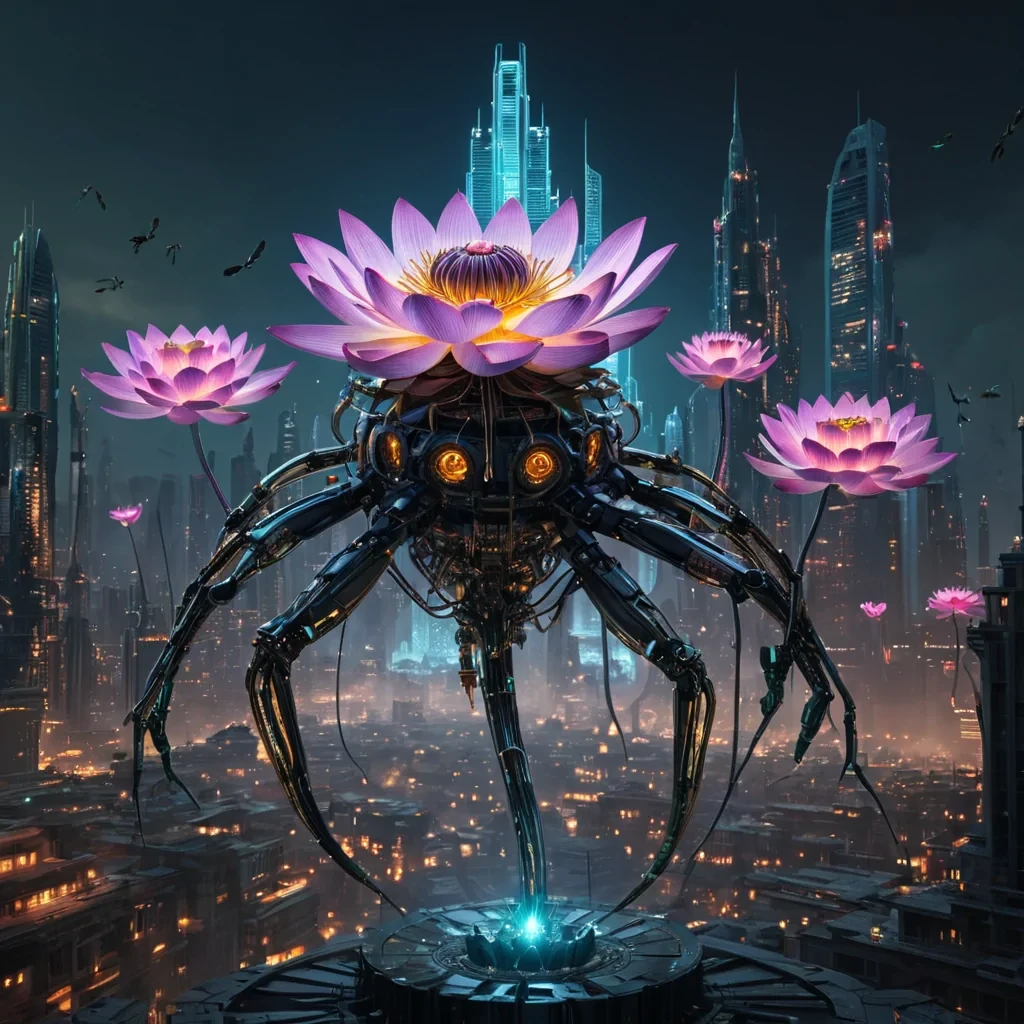A colossal, ancient, mechanical lotus, its metallic petals unfurling to reveal a labyrinthine, neonlit city within, blooms from the heart of a vast, undulating, obsidian plain. Suspended within the lotus stamen, a holographic, sentient, mechanical swarm of dragonflies dances, casting ephemeral shadows on the citys inhabitants sentient, robotic, reptilian creatures. Rendered in ultra HD, with volumetric lighting, atmospheric effects, and vibrant colors, evoking a sense of surreal, otherworldly wonder.