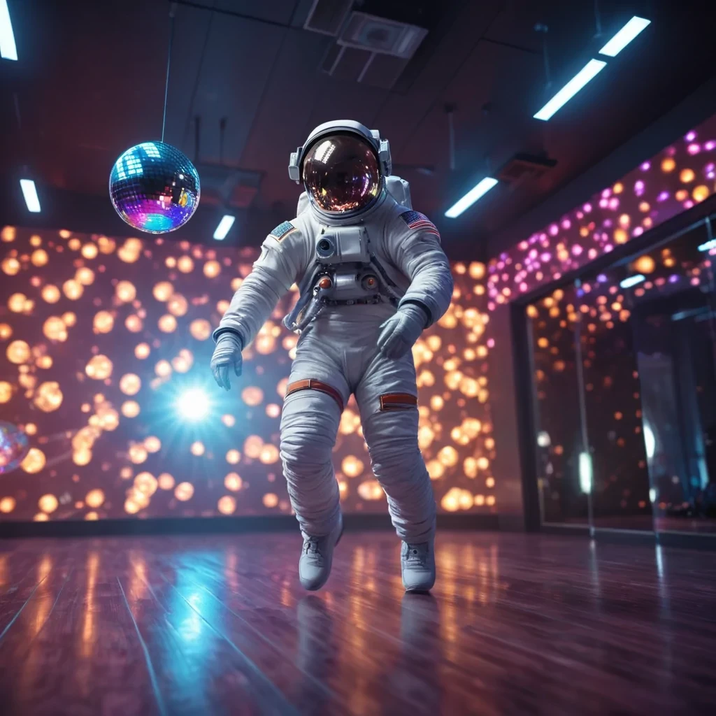 A lone astronaut drifting in a zerogravity dance studio, illuminated by rotating, holographic disco balls, hyperrealistic, 4K, cinematic lighting, volumetric lighting, atmospheric effects, dynamic lighting, bokeh effect, soft focus, lens flare, vibrant colors, detailed textures.