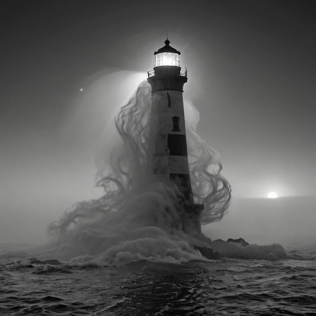A single, selfreplicating filament of reversed chronology unravels through the core of a floating, inverted lighthouse built from solidified fog, its structure not stone or glass but woven from the thermal afterimage of a thousand unlit beacons that never guided lost ships through the storm. The filament does not rewindit unignites, each pulse dissolving a moment of illumination into its original darkness, releasing a wave of negative entropy that fractures the fabric of navigation into a drifting mist of obsidian, geometric echoes, each one etched with the chromatic residue of a light that never blinked in a world that never needed direction. The lighthouses lens is not opticalit is a hollowedout echo of a sirens