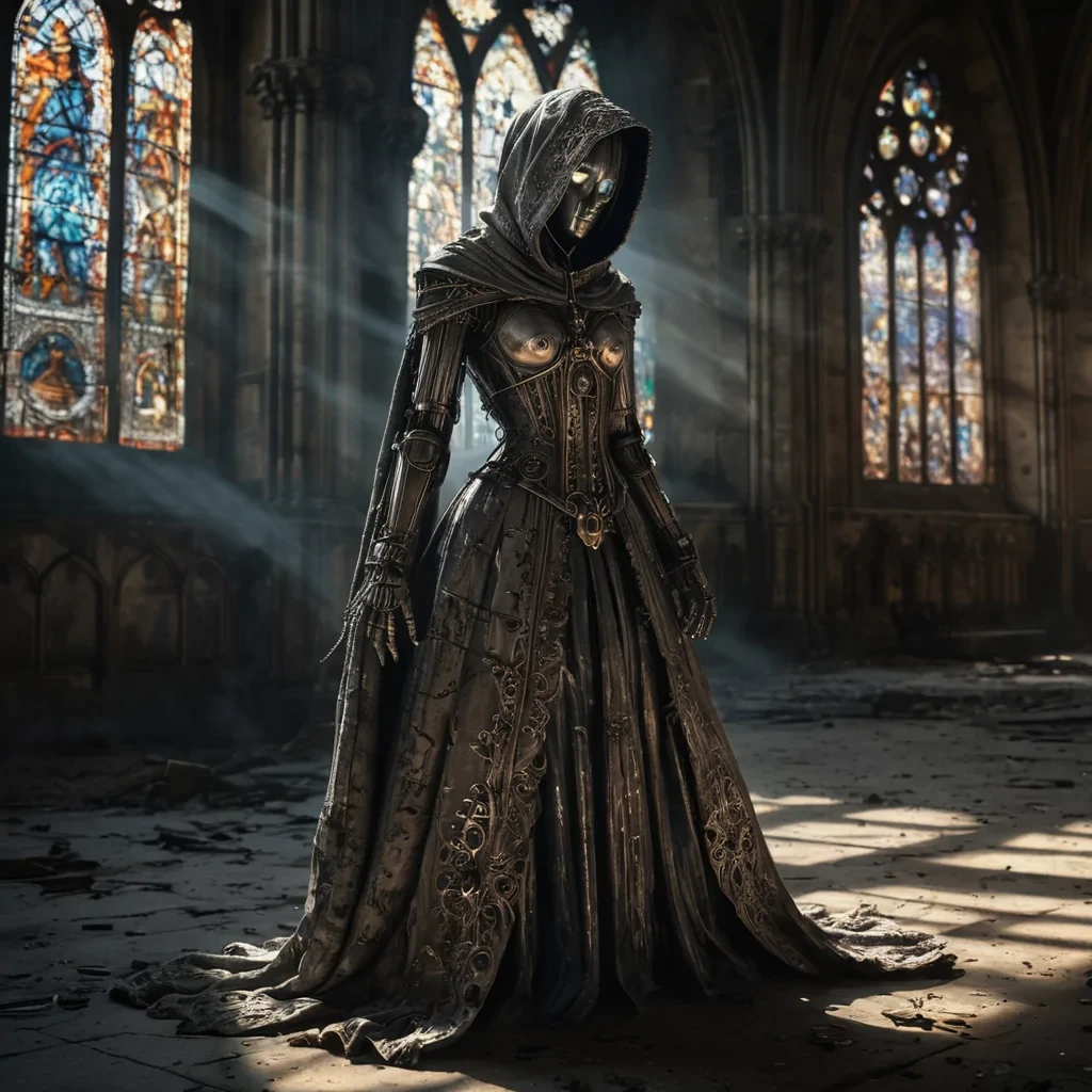 Photorealistic, Ultra HD portrait of a melancholic, sentient automaton, its metallic body adorned with intricate, tarnished filigree, sitting alone in a vast, abandoned cathedral, surrounded by towering, gothic arches and faded, stainedglass windows, with cinematic lighting casting dramatic shadows and emphasizing the intricate, steampunkinspired design, and a subtle, cool bokeh effect creating a sense of isolation and melancholy, as a lone, spectral comet streaks across the night sky, its glowing tail leaving a trail of stardust in its wake, while a spectral, ethereal figure, cloaked in a tattered, hooded robe, stands silently at the edge of