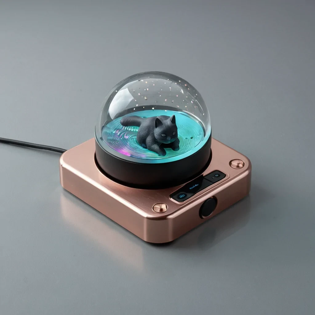 A horizontal, isometric view of a compact, retrofuturistic desk pet device resting on a brushed aluminum surface. The device resembles a miniature, opentop aquarium but contains no water instead, it holds a swirling, dense cloud of iridescent, metallic silver fog that constantly shifts shape, mimicking the movements of a sleeping cat. Embedded within the fog are three tiny, floating holographic stars made of solid, opaque rose gold, orbiting a central, perfectly smooth black sphere. The casing of the device is made of matte, charcoalgrey ceramic with a subtle, ribbed texture for grip. On the side, a single, vertical LED strip glows with a soft, breathing teal light. The background is a clean,