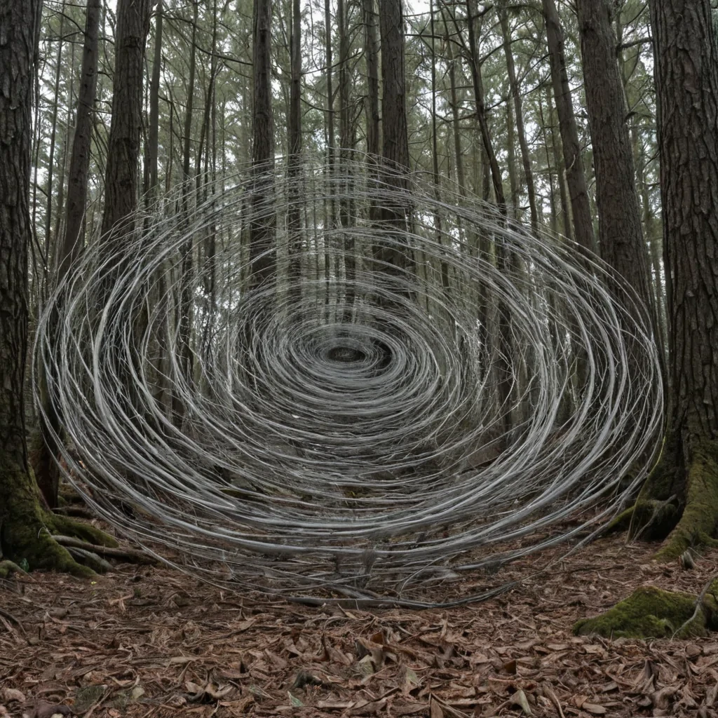 A single, selfunfolding filament of solidified silence, shaped like a spiraling, nonreflective tangle of reversed resonance, pulses at the center of a vast, inverted forest suspended in the thermodynamic equilibrium between two dormant seasons. The filament does not vibrateit unechoes, each twist dissolving a layer of stillness that never coalesced into sound, reforming into ephemeral, ashgray ripples shaped like the negative space between two trees that never swayed in the same moment of mutual wind. The forest is not botanicalit is a layered expanse of petrified breath, each trunk etched with the gravitational residue of a breeze that was almost summoned, its canopy shimmering with the chromatic