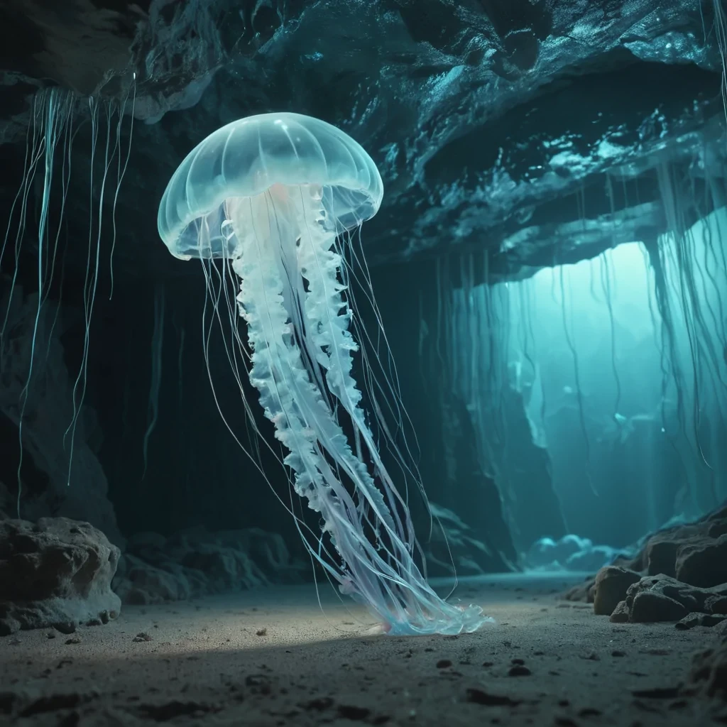 A lone, bioluminescent jellyfish floating in a subterranean crystal cave, its tendrils casting an ethereal glow on the iridescent walls, hyperrealistic, 4K, cinematic lighting, volumetric lighting, atmospheric effects, soft focus, pastel tones, detailed textures.