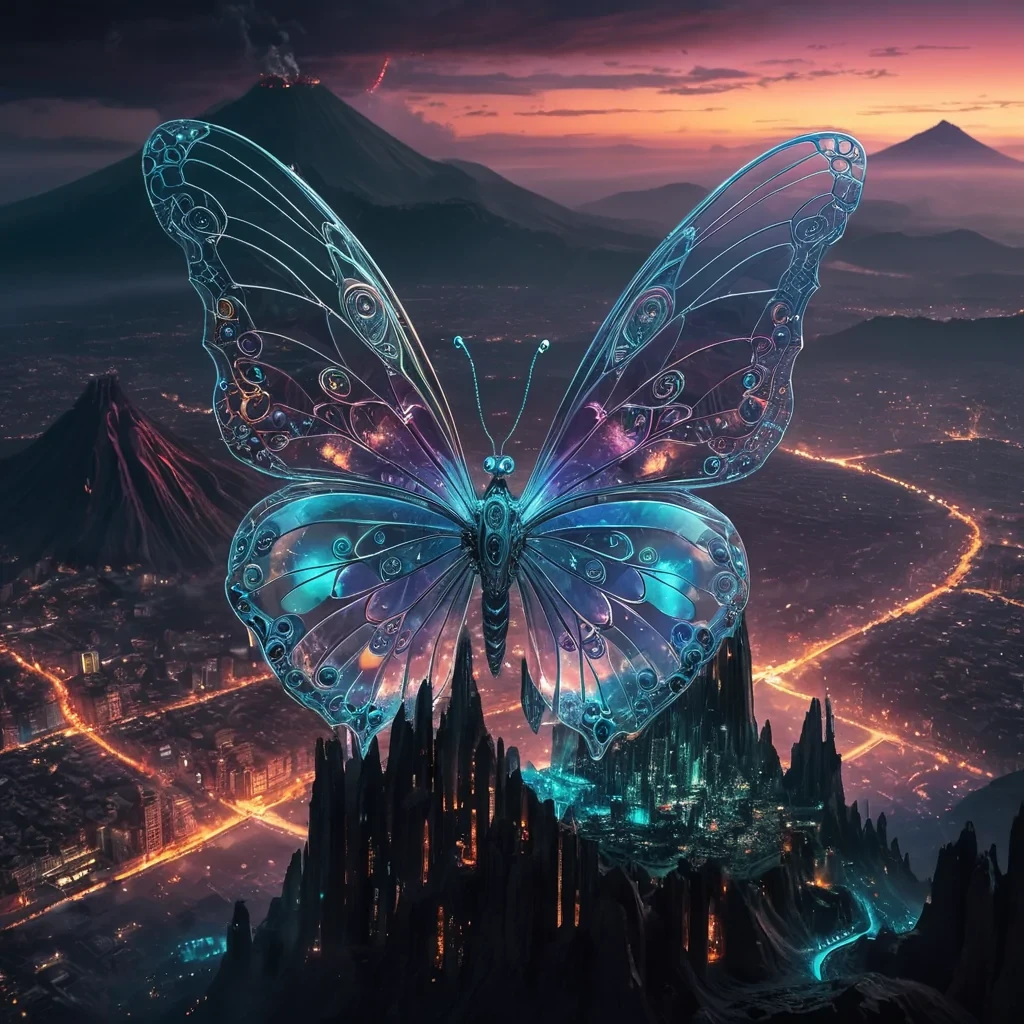 An ancient, sentient, glass city, suspended in the heart of a colossal, dormant volcano, its transparent towers revealing intricate, bioluminescent ecosystems within. A lone, levitating, iridescent, mechanical butterfly, its wings adorned with fractal patterns, dances gracefully amidst the citys ethereal glow, casting dynamic shadows under cinematic lighting. Captured in Ultra HD with vibrant colors, atmospheric effects, and a soft focus, evoking a sense of tranquil, otherworldly beauty.