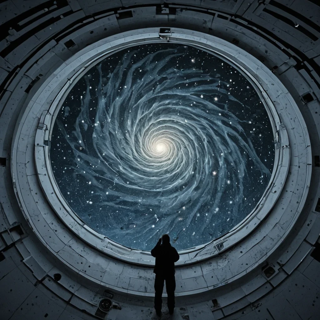 A single, selfsustaining mirror made of solidified silence floats in the center of a vast, still observatory built entirely of compressed, unobserved constellations from a civilization that communicated through the texture of unbroken glass. The mirror does not reflectit absorbs, drawing in the light of distant stars and transforming it into a slow, spiraling bloom of negative space shaped like the outline of a hand that never reached for the sky, each ripple glowing with the faint, subsonic afterimage of a question whispered into the void. The observatory floor is not stoneit is a layered expanse of frozen breaths from a thousand unasked what ifs, each tile etched with the emotional residue of a decision never made