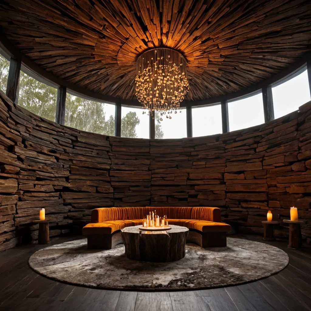 A hyperrealistic, eyelevel medium shot of a quiet, circular reading nook situated inside a colossal, hollowedout segment of ancient petrified wood, where the interior walls display intricate, fossilized growth rings in shades of deep amber and mahogany. The seating consists of a low, circular platform upholstered in plush, charcoalgray velvet that contrasts with the warm, organic textures of the surrounding wood. Suspended from the curved ceiling above is a delicate, chandelierlike structure made of thin, silver filaments holding dozens of small, glowing orbs that emit a soft, warm candlelight glow, casting long, dramatic shadows across the room. In the center of the platform lies an open, leatherbound book with pages made of thin, translucent